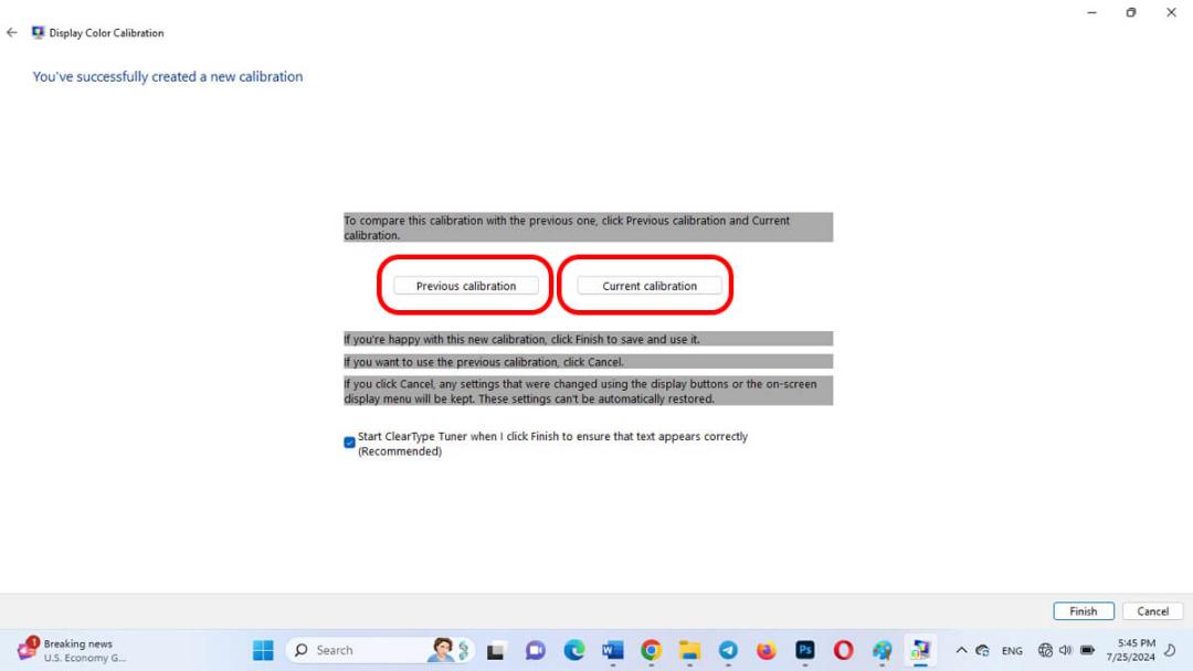 تأیید یا بازیابی تنظیمات فعلی (Current calibration یا Previous calibration)