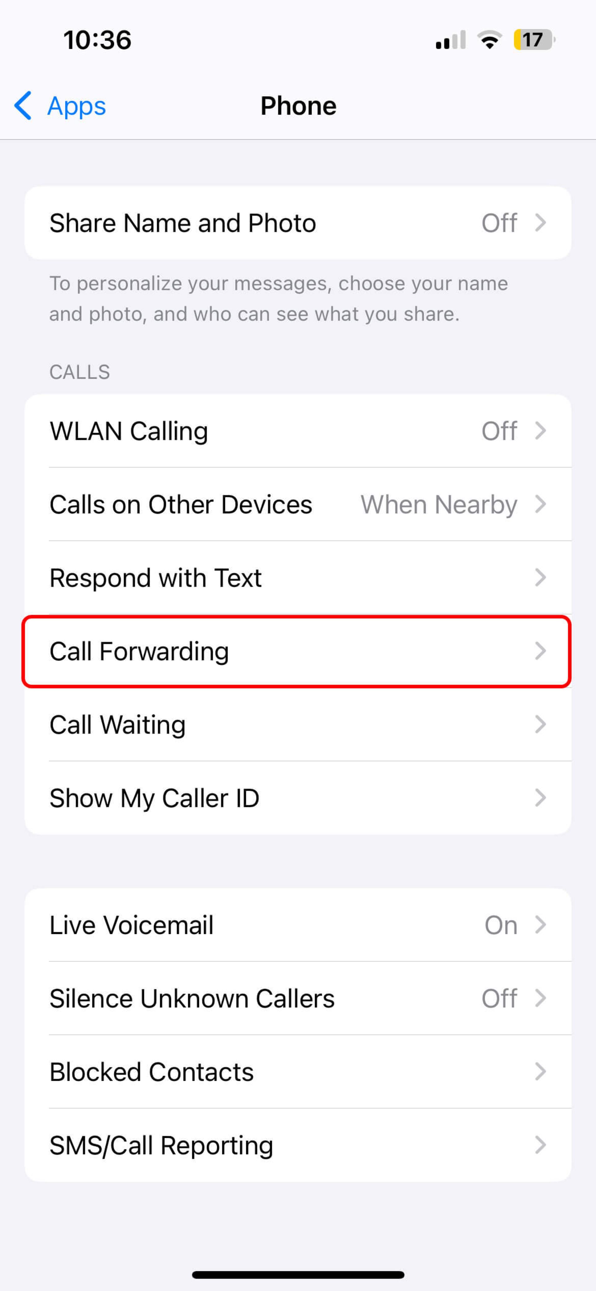 انتخاب گزینه Call Forwarding در آیفون