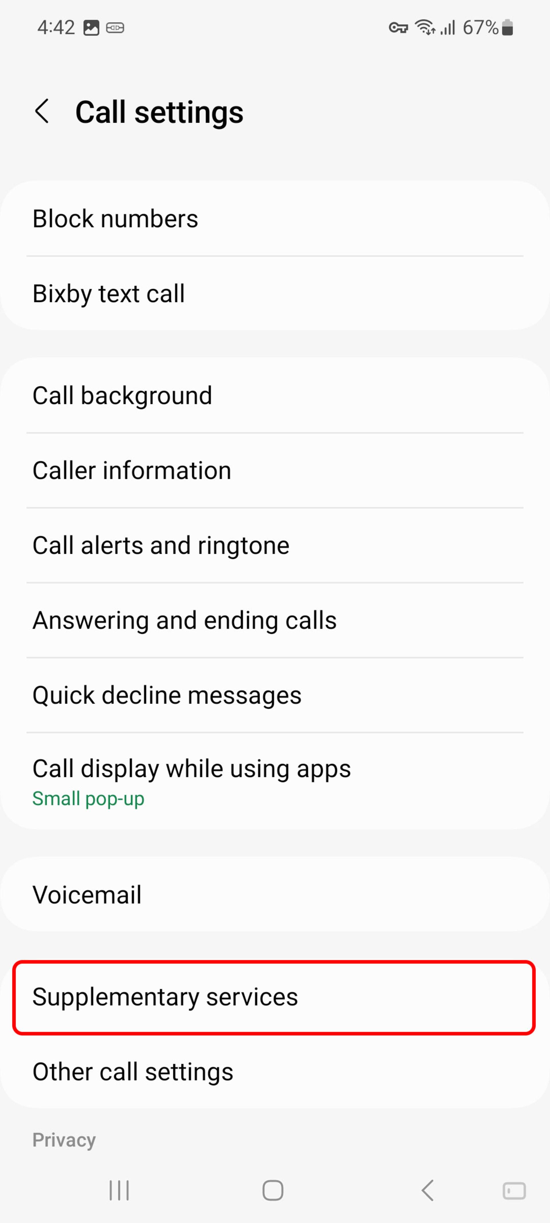 صفحه call settings (تنظیمات مکالمه)