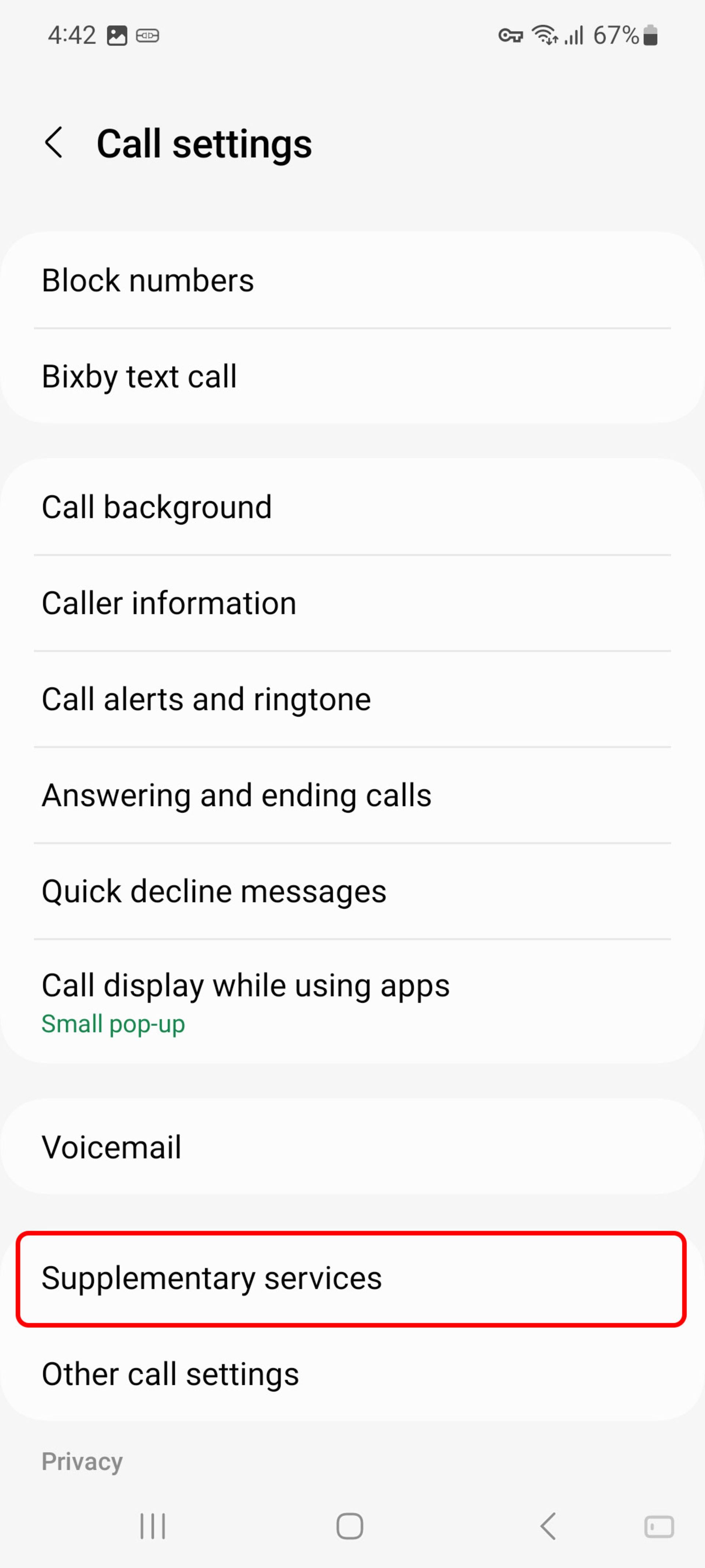 صفحه call settings (تنظیمات مکالمه)