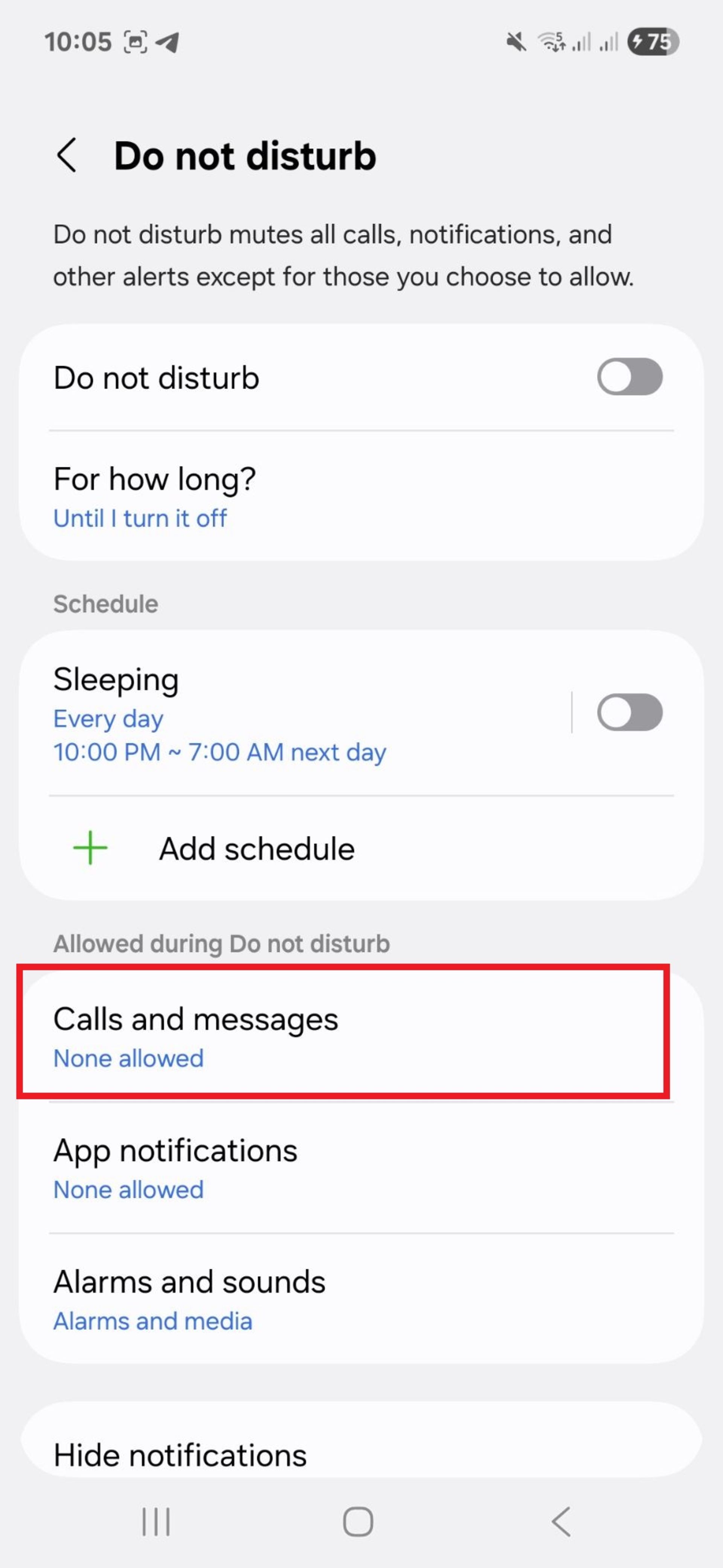 گزینه‌ی calls and messages در Do not disturb سامسونگ