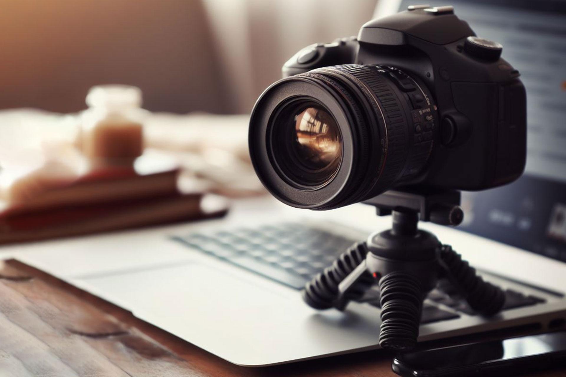 دوربین DSLR در کنار لپ تاپ