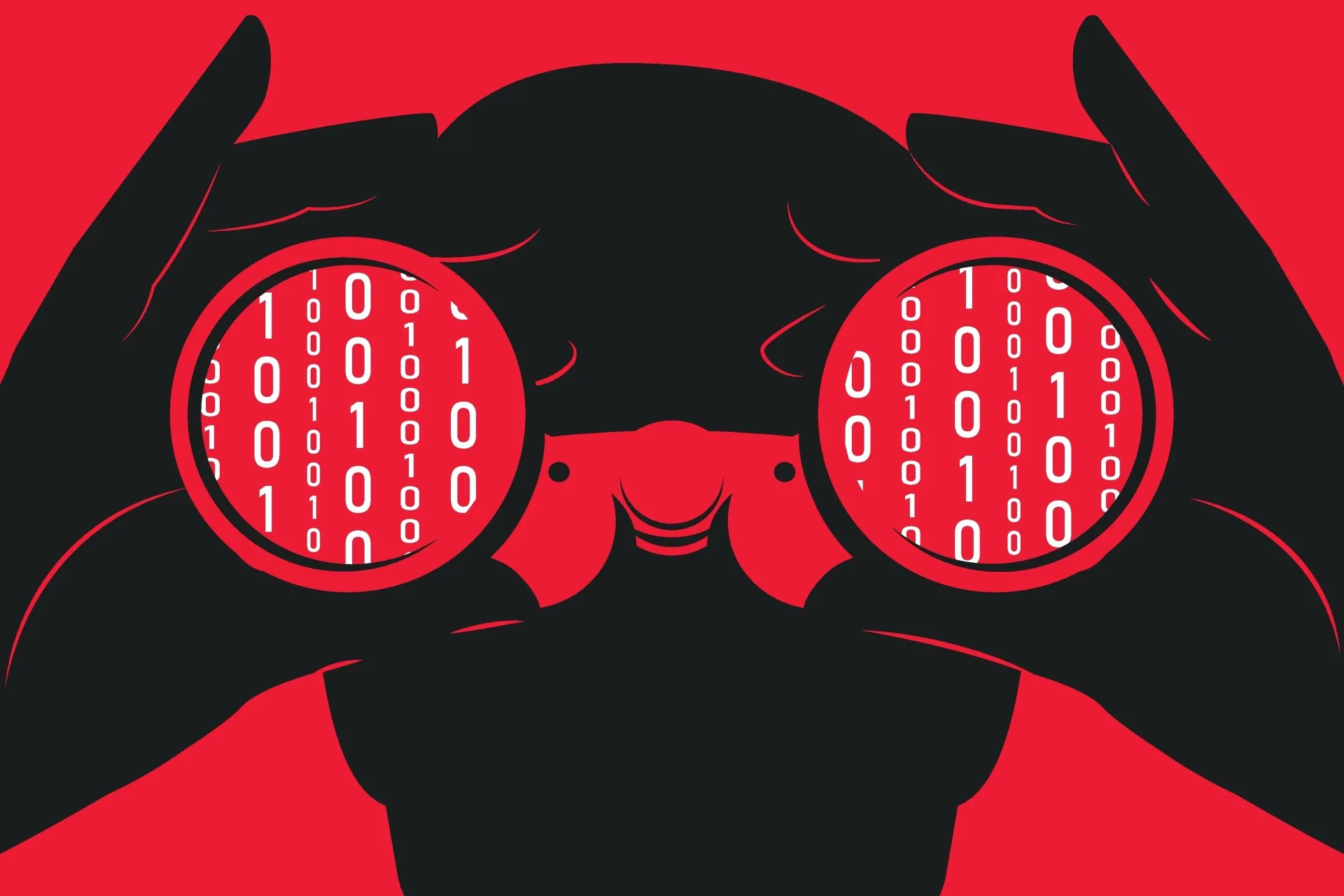 نمای گرافیکی از شخصی که دوربین را مقابل صورت گرفته و کدهای صفر و یک را می‌بیند