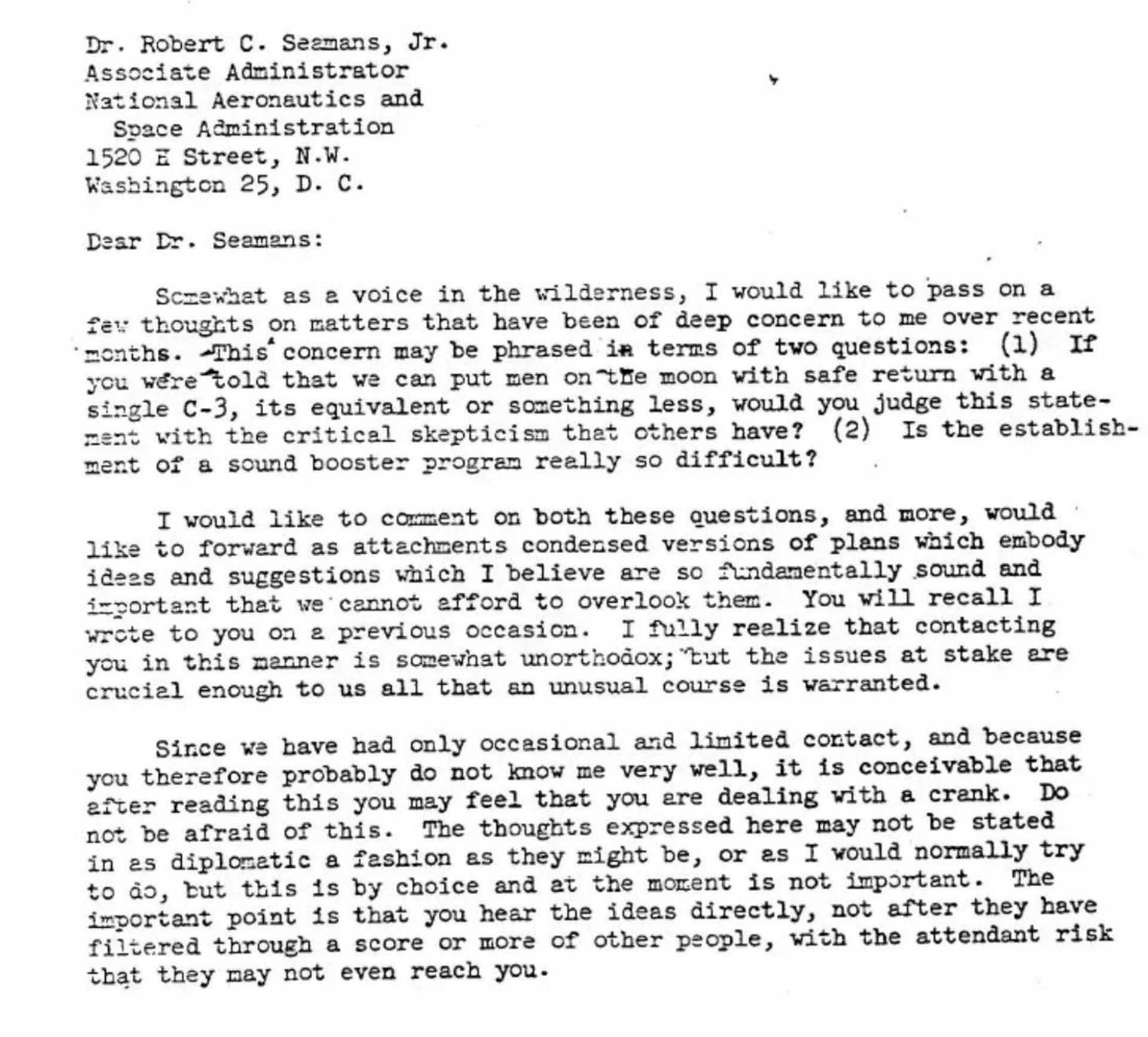 اولین صفحه نامه تاریخی جان هوبولت به رابرت سیمونز، معاون مدیر ناسا