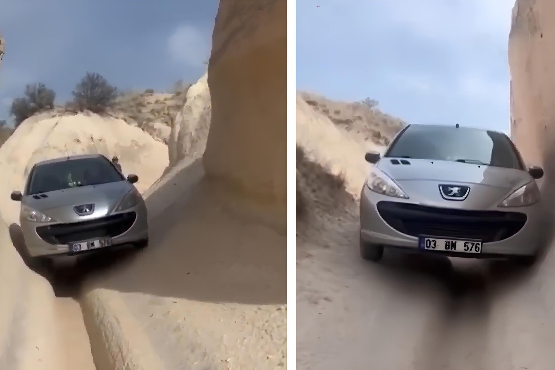 نمای جلو یک خودرو گیرکرده در صخره