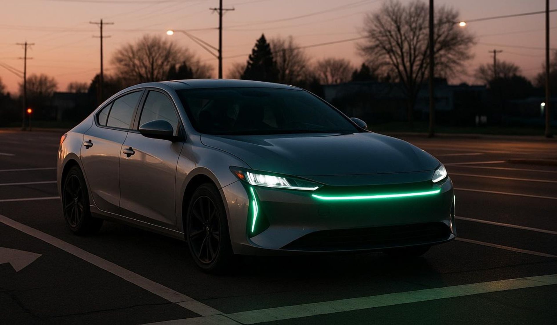 نمای جلو یک خودرو در غروب خورشید با چراغ جلو سبز