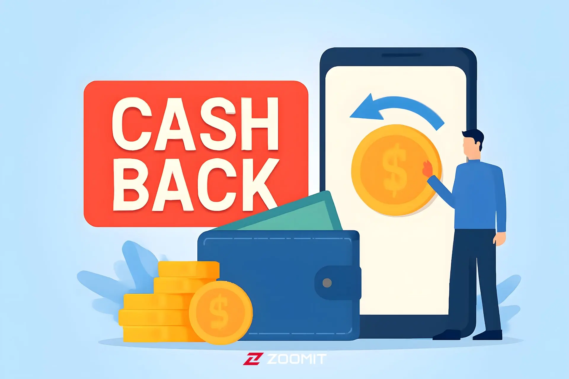 مرد کارتونی با کیف پول و سکه و موبایل و نوشته CashBack