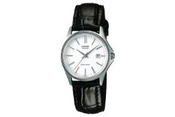 نمای جلوی ساعت مچی زنانه کاسیو Analog LTP-1183E-7A با نمایش عقربه‌ها، بند، لوگو و پیچ تنظیم