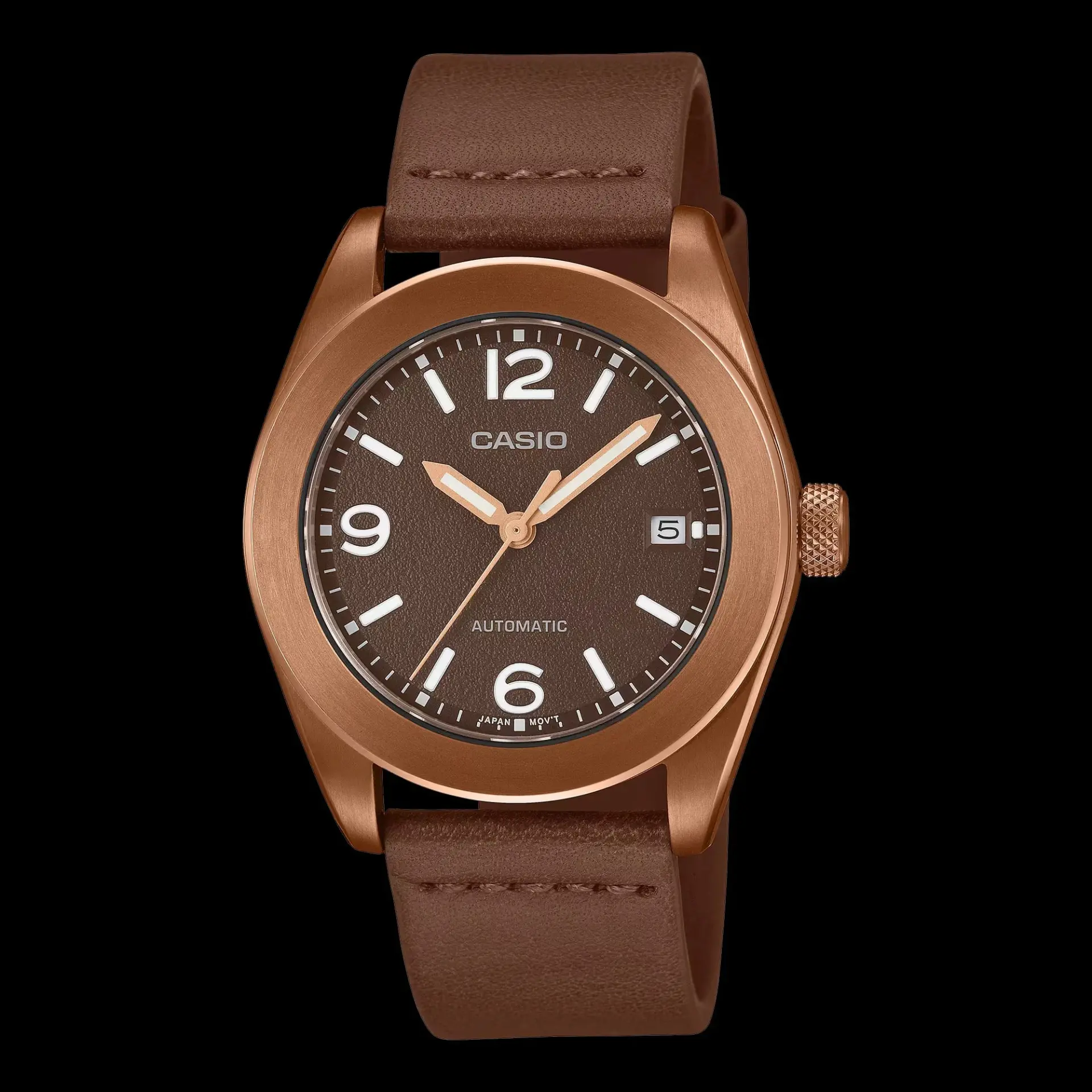 ساعت مچی اتوماتیک کاسیو (Casio) با صفحه قهوه‌ای و بند چرمی قهوه‌ای