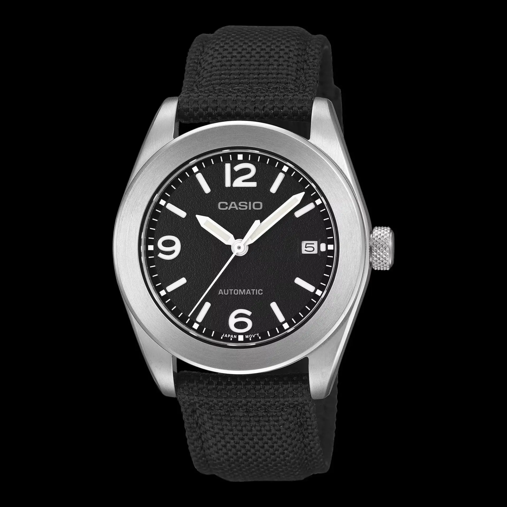 ساعت مچی اتوماتیک کاسیو (Casio) با صفحه مشکی و بند پارچه‌ای
