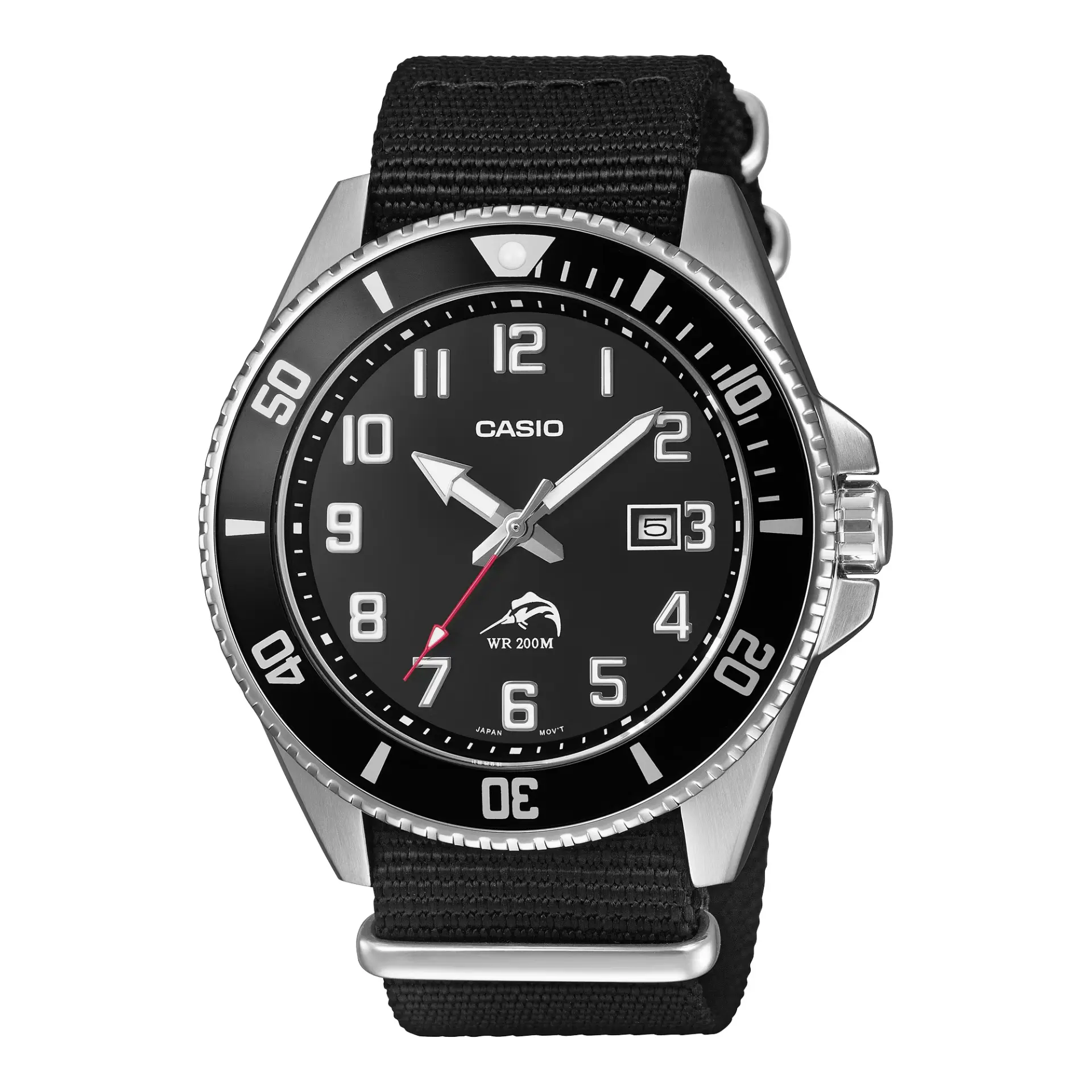 ساعت مچی کاسیو (Casio) با صفحه مشکی و بند پارچه‌ای سیاه