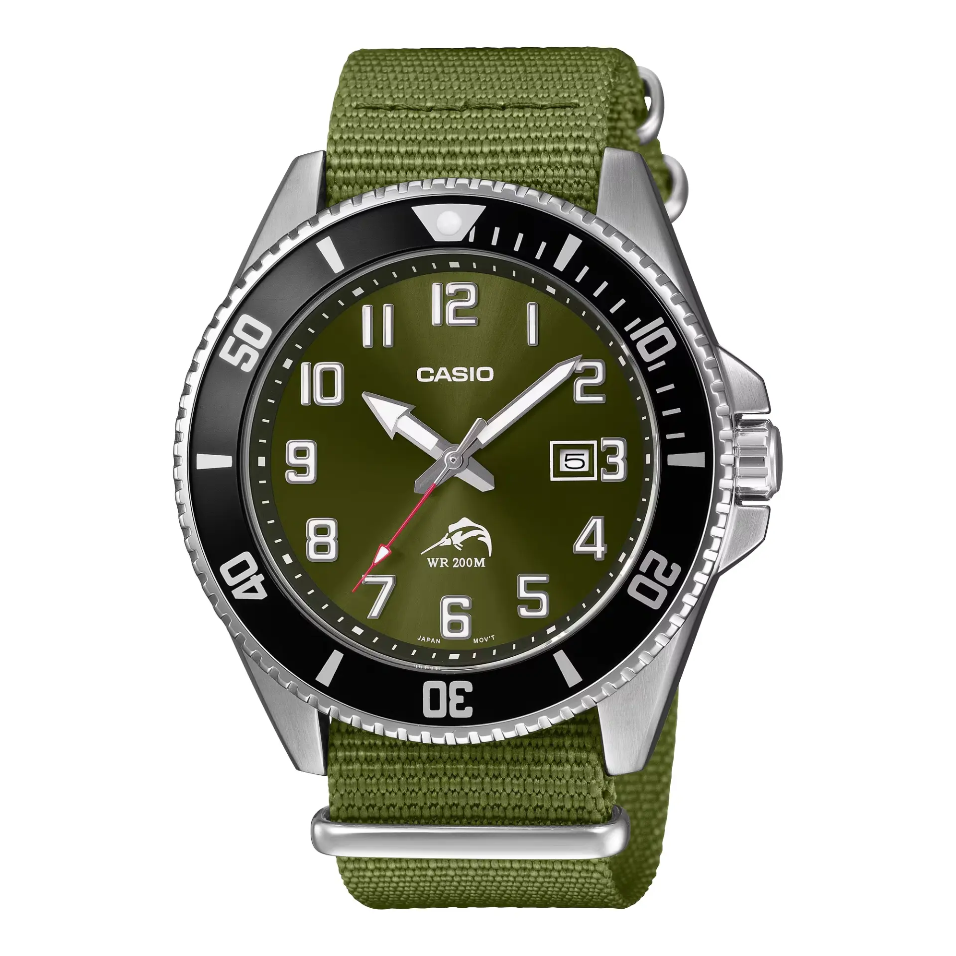 ساعت مچی کاسیو (Casio) با صفحه سبز زیتونی و بند پارچه‌ای