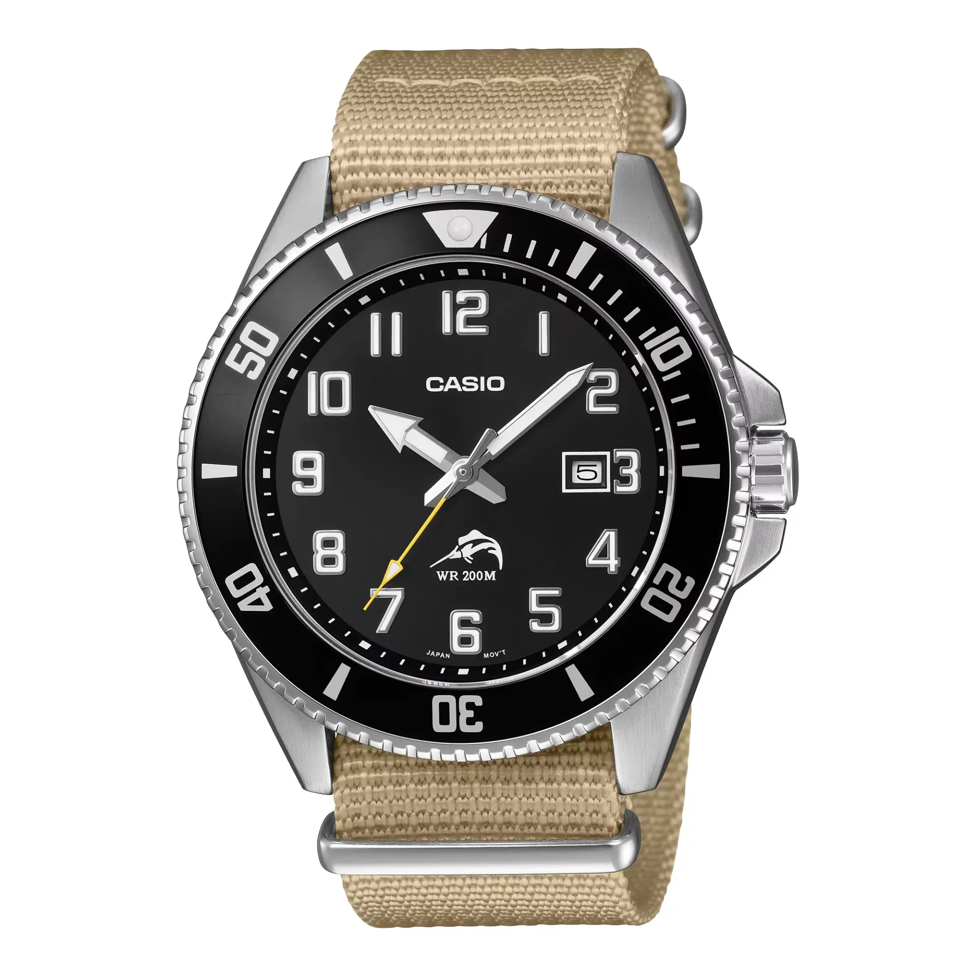 ساعت مچی کاسیو (Casio) با صفحه مشکی و بند ناتو کرم