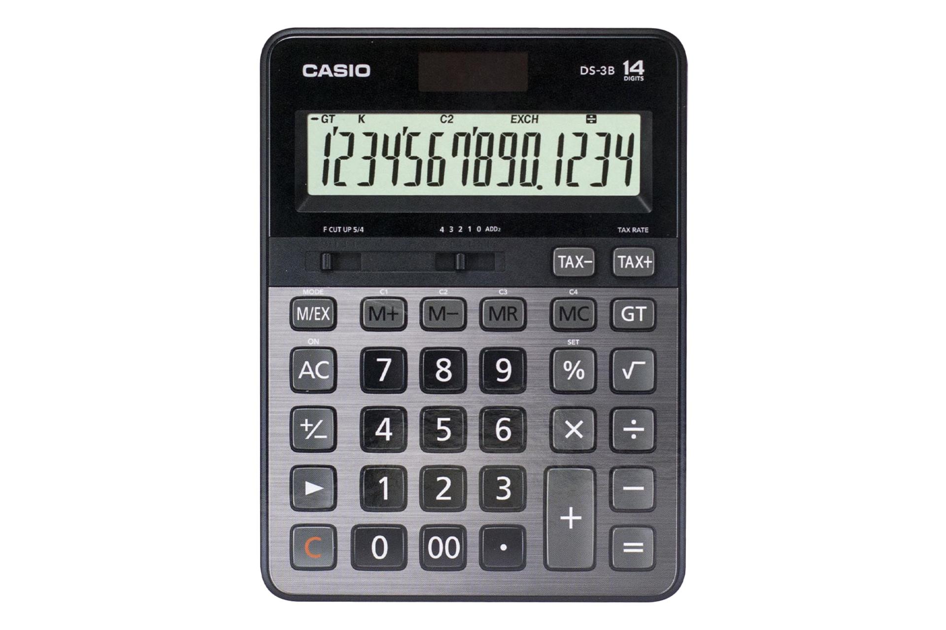 نمای بالای ماشین حساب کاسیو DS-3B با نمایشگر روشن و نمایش لوگو و صفحه کلید
