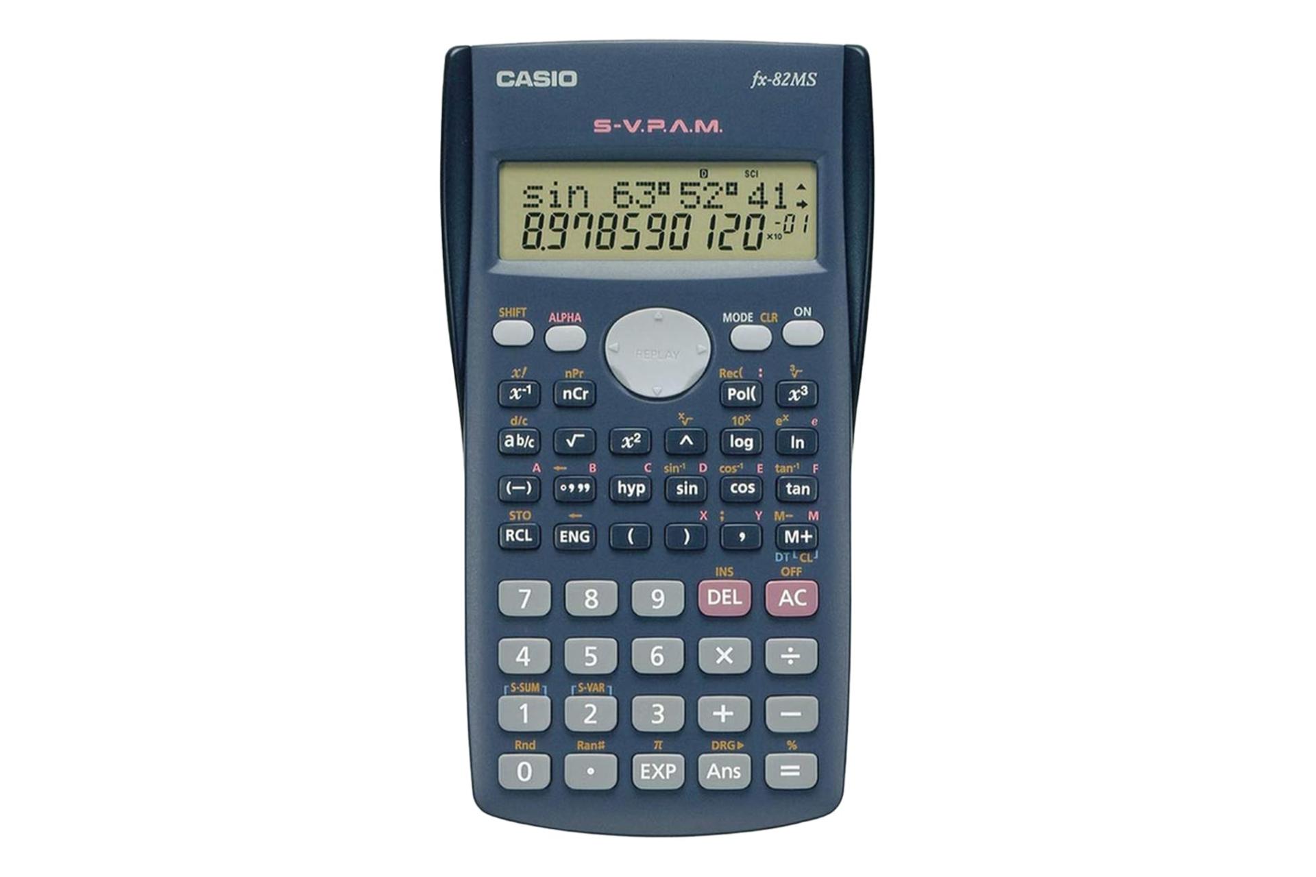 نمای بالای ماشین حساب کاسیو FX-82MS با نمایشگر روشن و نمایش صفحه کلید