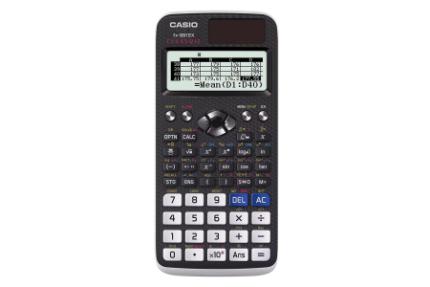 نمای بالای ماشین حساب کاسیو FX-991EX با نمایشگر روشن و نمایش صفحه کلید رنگ مشکی