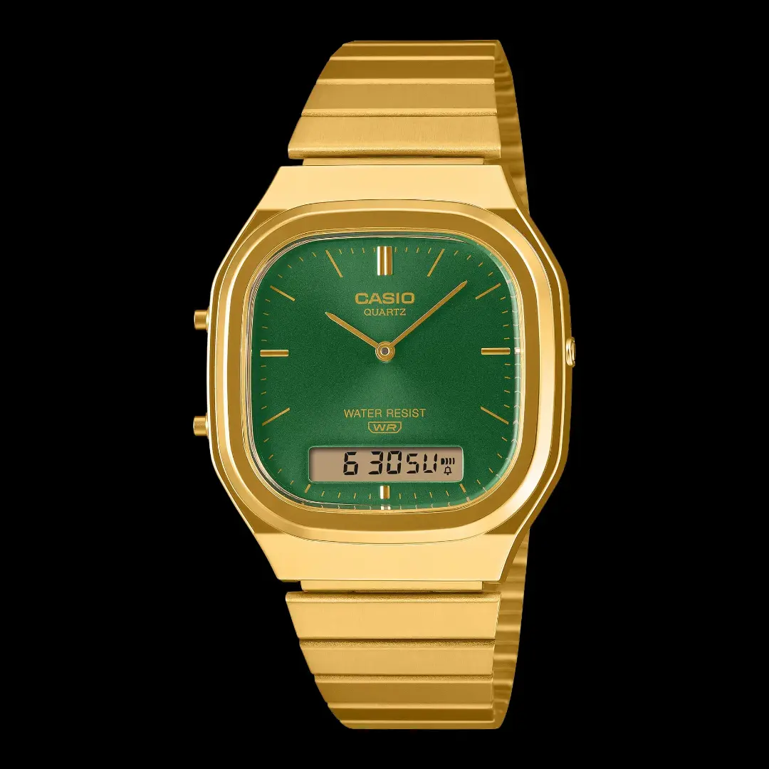 ساعت مچی کاسیو (Casio) با بدنه طلایی و صفحه سبز رنگ