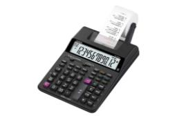 نمای نیمرخ ماشین حساب کاسیو HR-100RC با نمایشگر روشن و نمایش صفحه کلید و چاپگر