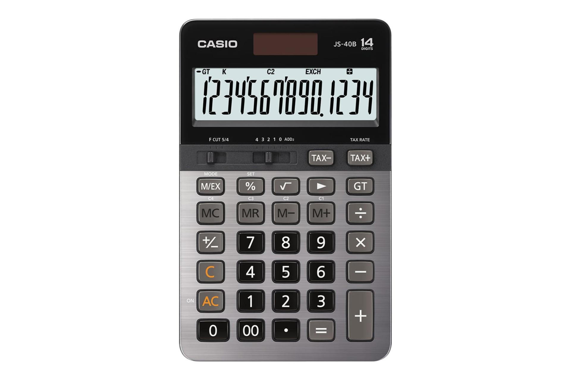 نمای بالای ماشین حساب کاسیو JS-40B با نمایشگر روشن و نمایش صفحه کلید