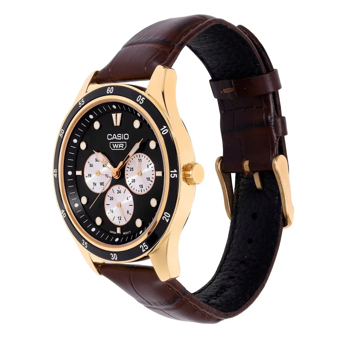 ساعت مچی کاسیو Casio MTP-SN4KRL-1A با صفحه مشکی و بند چرمی قهوه‌ای