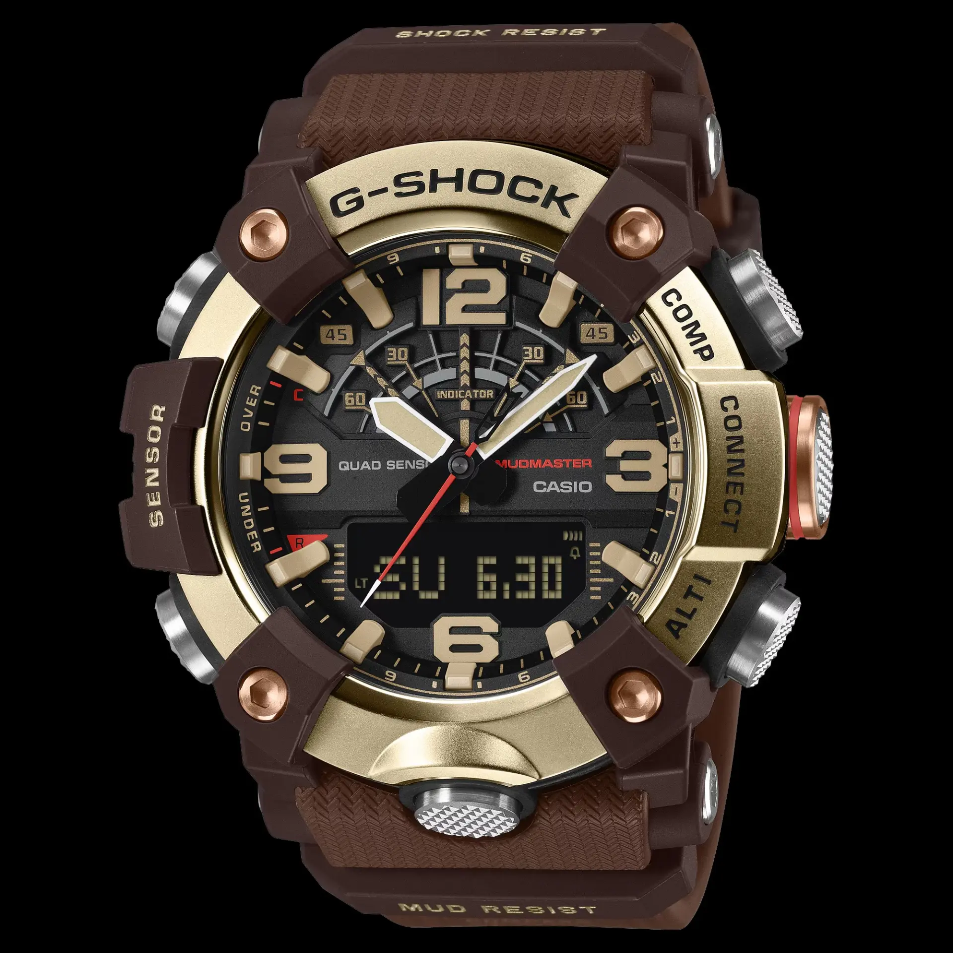 ساعت مچی کاسیو مدل Mudmaster با بدنه طلایی و بند قهوه‌ای