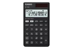 نمای جلوی ماشین حساب کاسیو NJ-120D با نمایشگر روشن و نمایش صفحه کلید رنگ مشکی