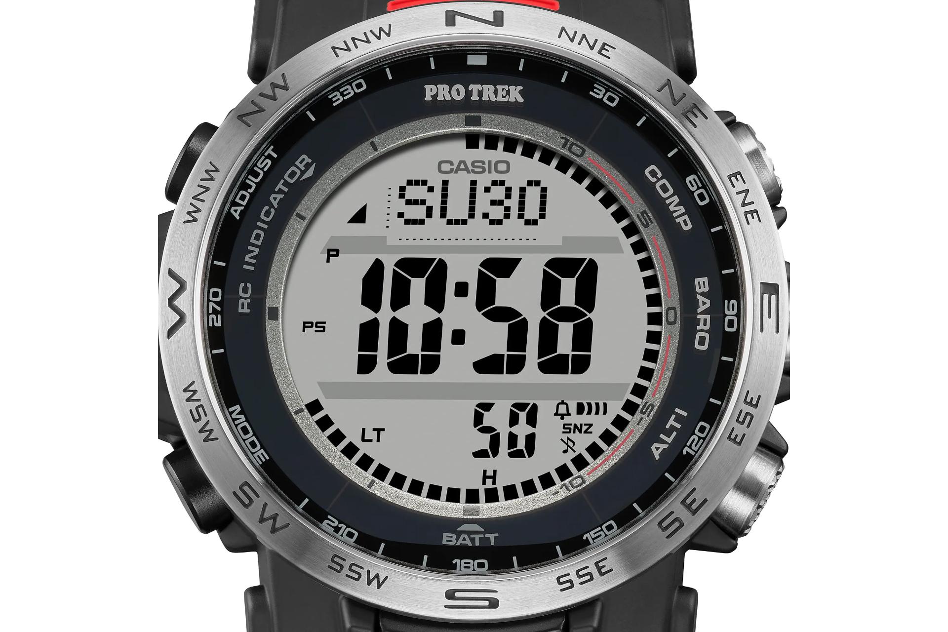 نمای نزدیک ساعت مچی مردانه کاسیو PRO TREK PRW-35-1A با نمایش فریم و صفحه