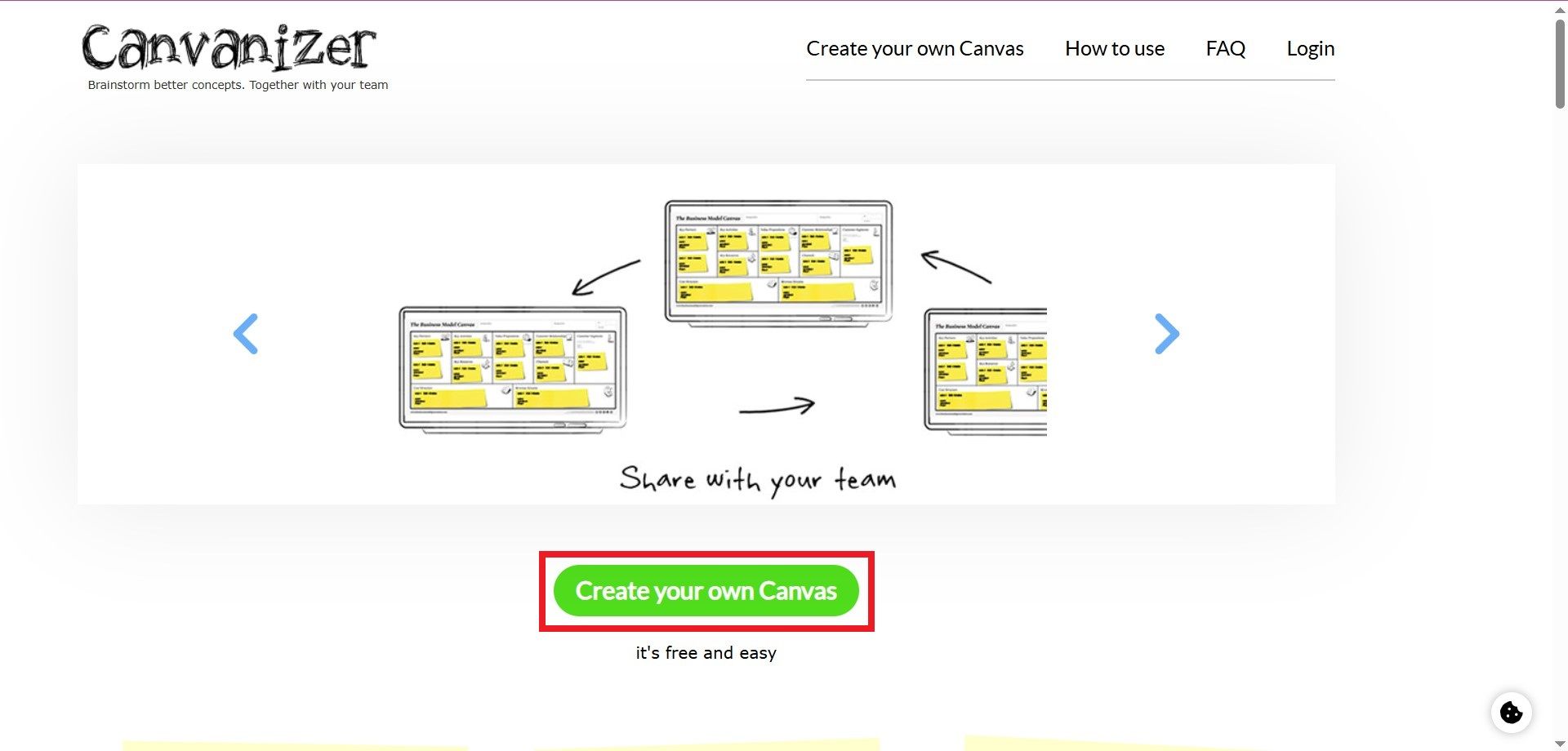 گزینه‌ی create business model canvas در canvanizer