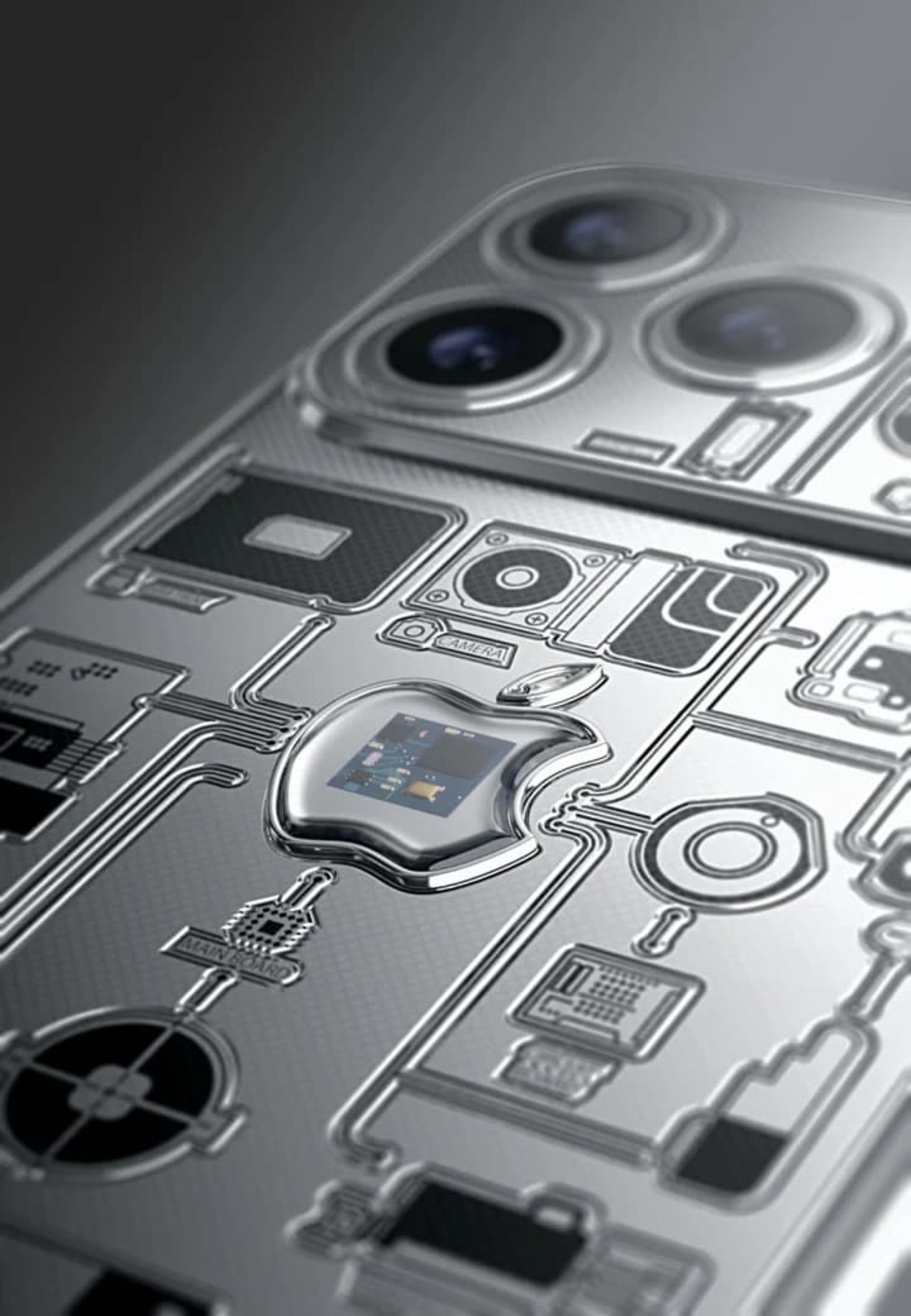 قطعه‌ی مادربرد درون لوگو شیشه‌ای اپل از نمای نزدیک