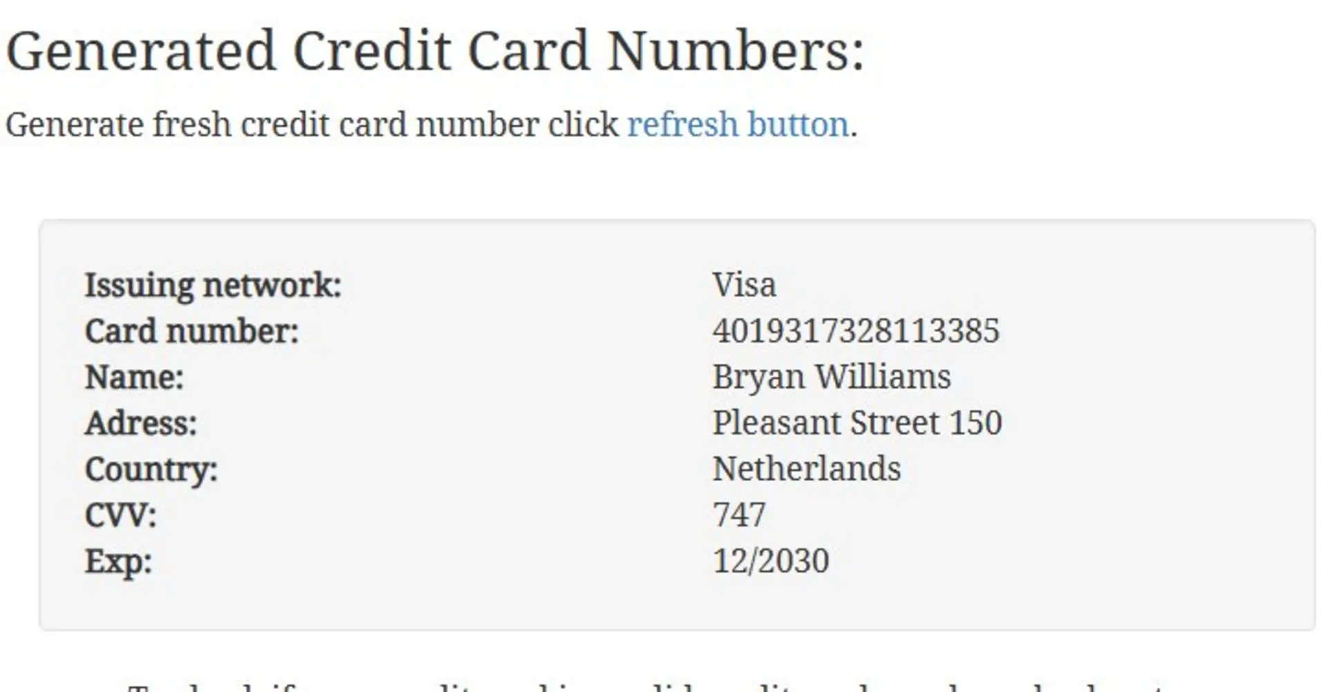 نمونه کارت اعتباری رایگان ایجاد شده در ccardgenerator