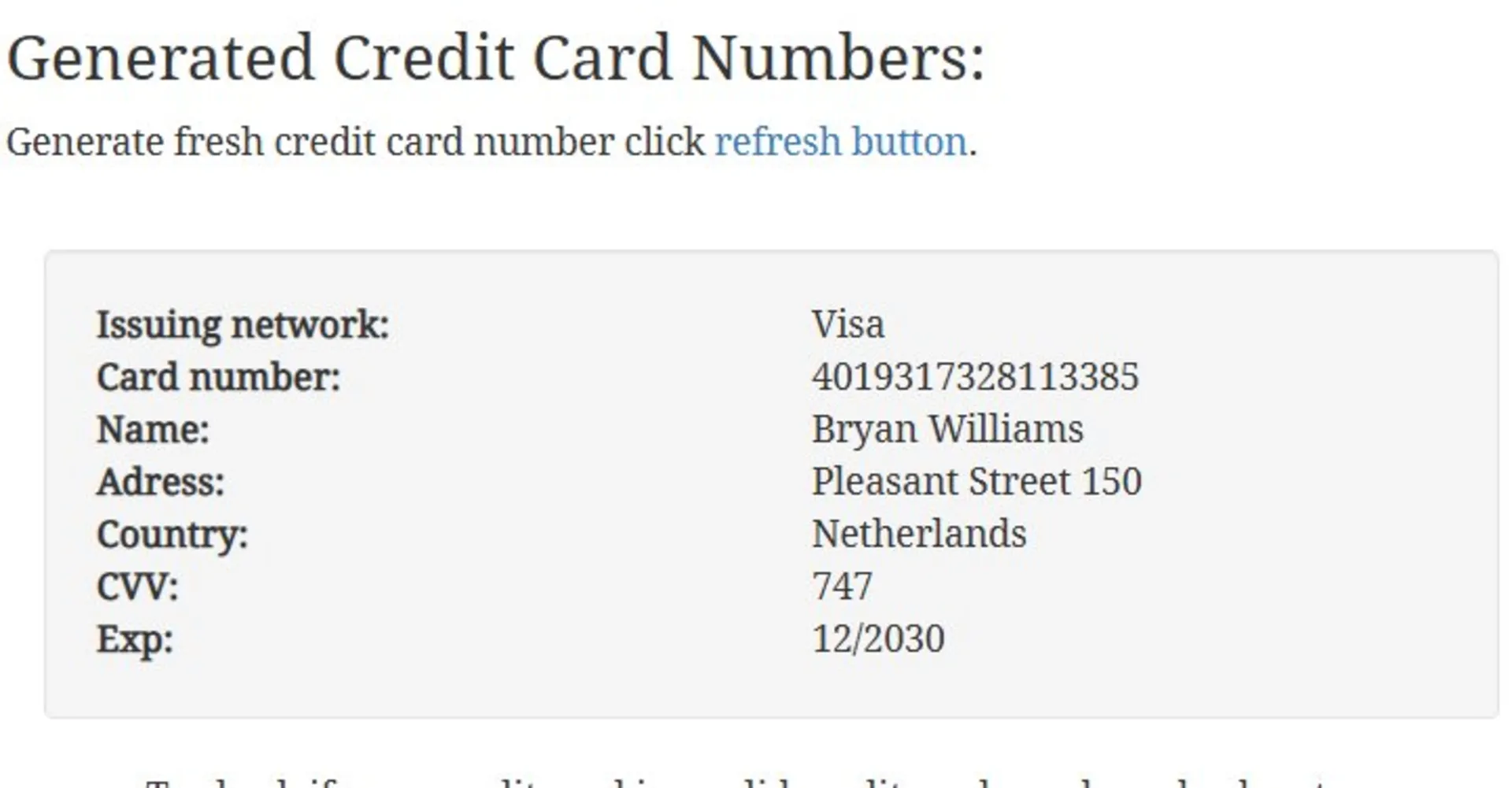 نمونه کارت اعتباری رایگان ایجاد شده در ccardgenerator