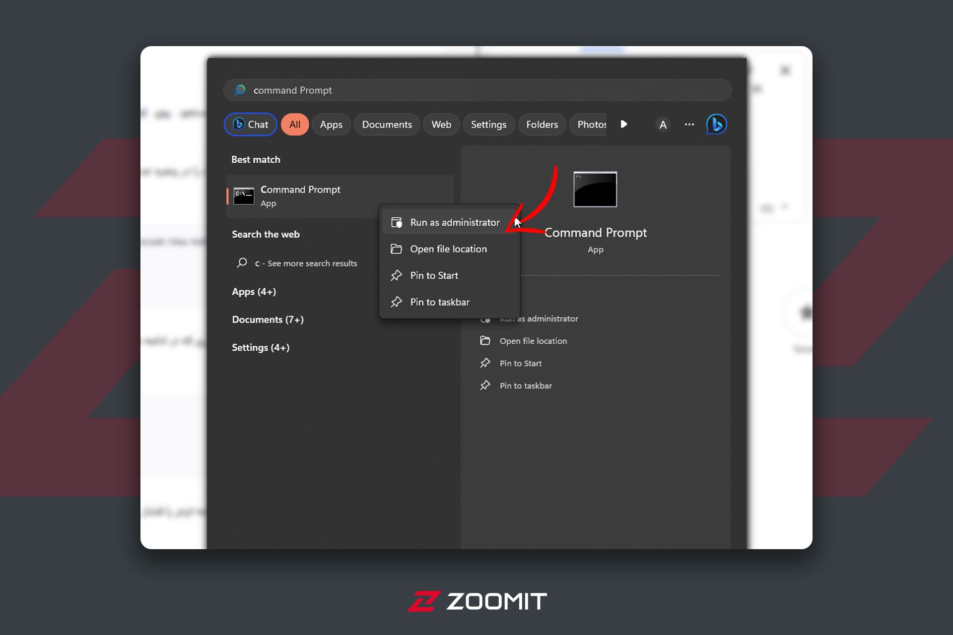 انتخاب گزینه Command prompt در استارت