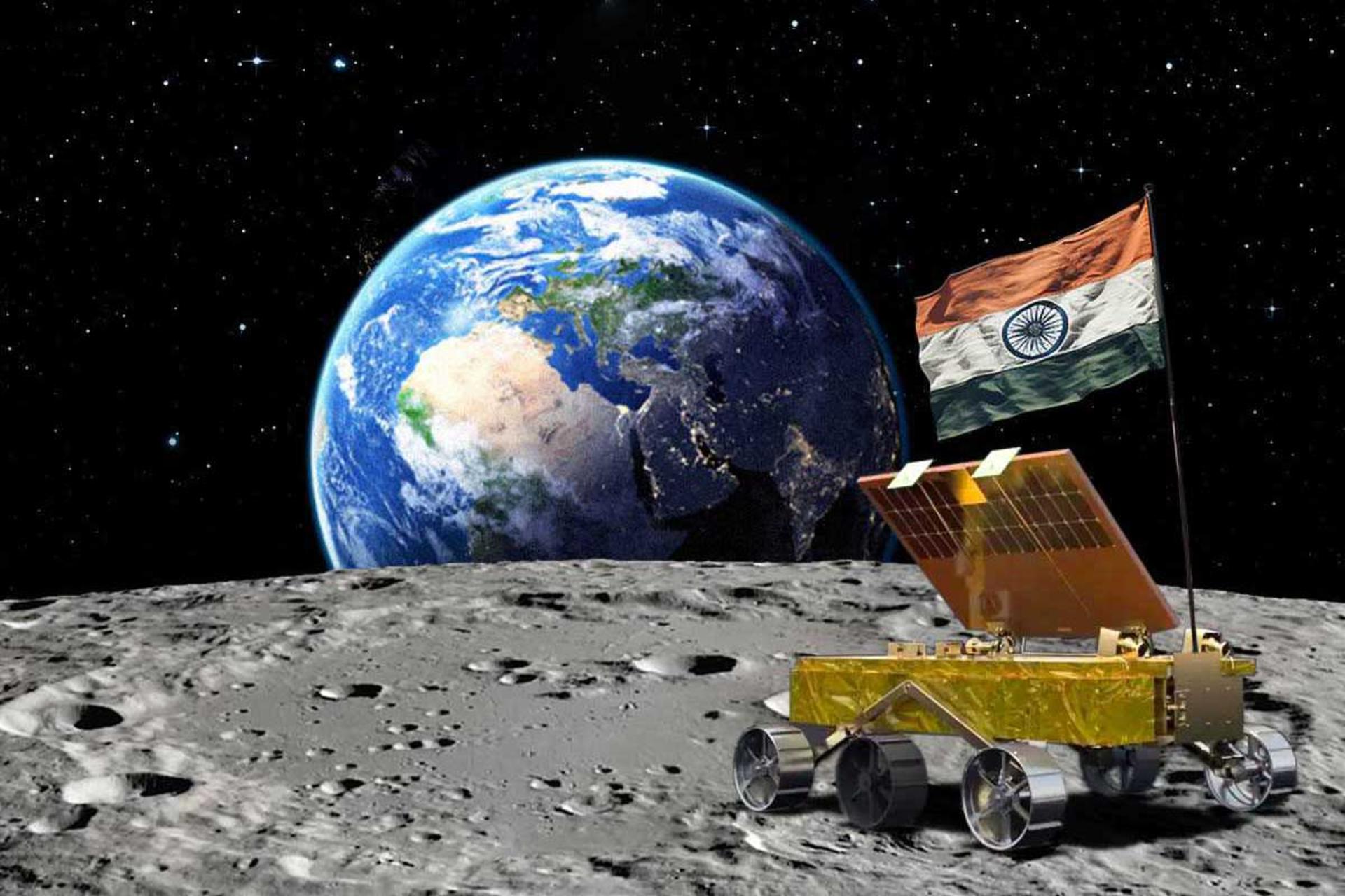 طرح هنری از ماه‌نورد چاندرایان ۳ با پرچم هند روی ماه