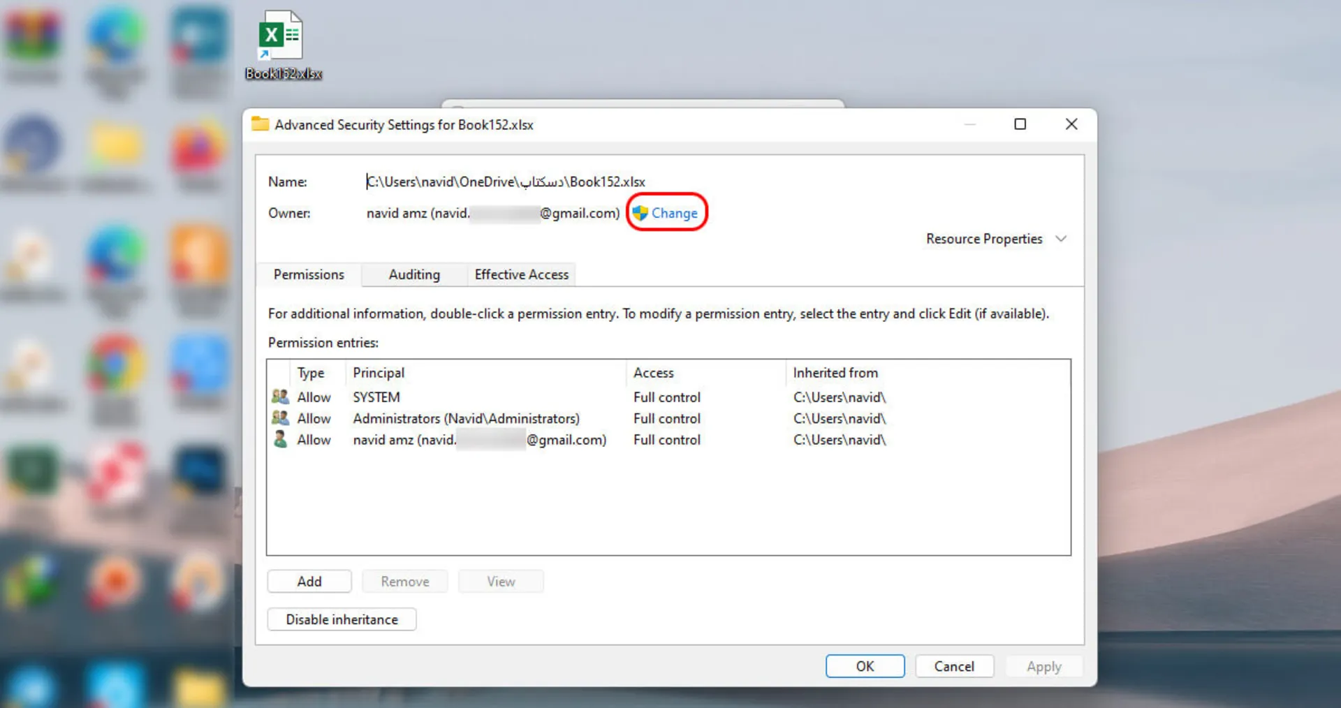 انتخاب Change در تب security اکسل