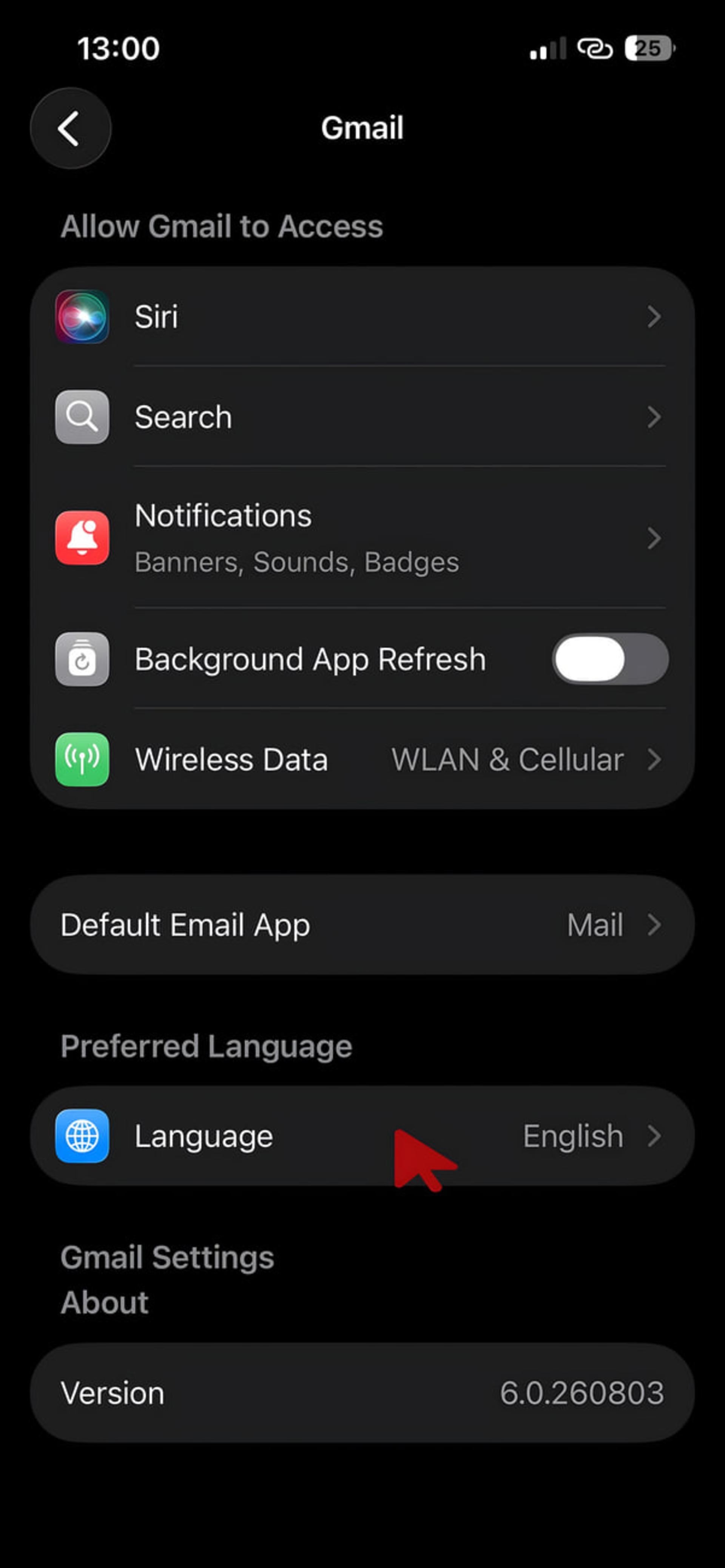 منوی تنظیمات زبان (Language) در اپلیکیشن جی‌میل (Gmail) در گوشی آیفون