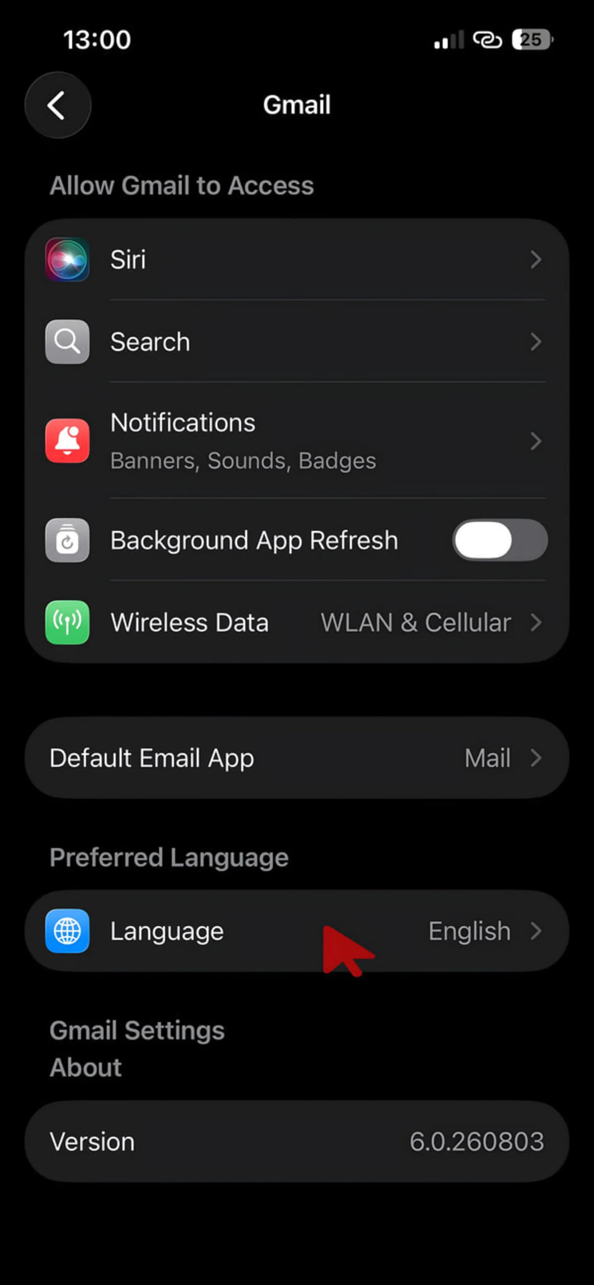منوی تنظیمات زبان (Language) در اپلیکیشن جیمیل (Gmail) در گوشی آیفون