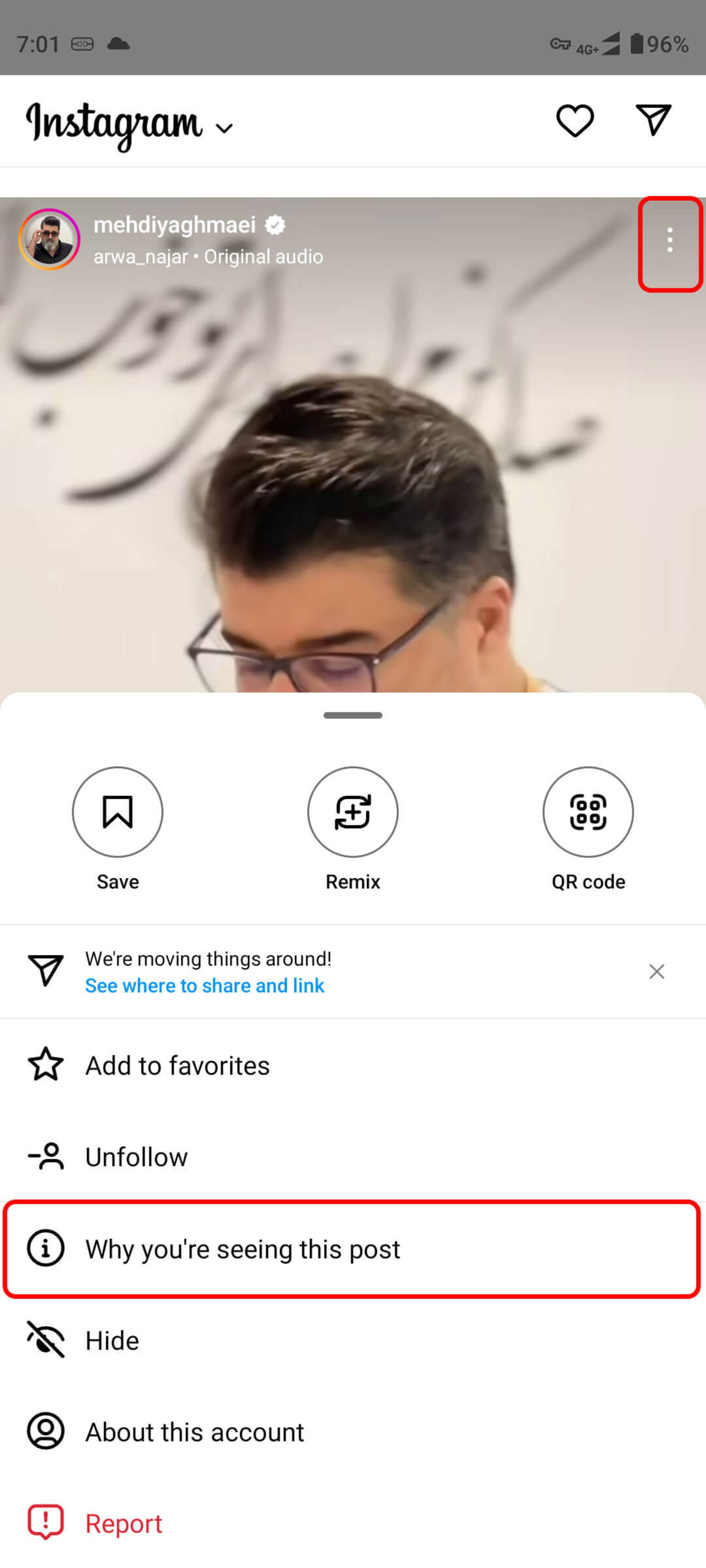انتخاب گزینه Why you're seeing this post در اینستاگرام
