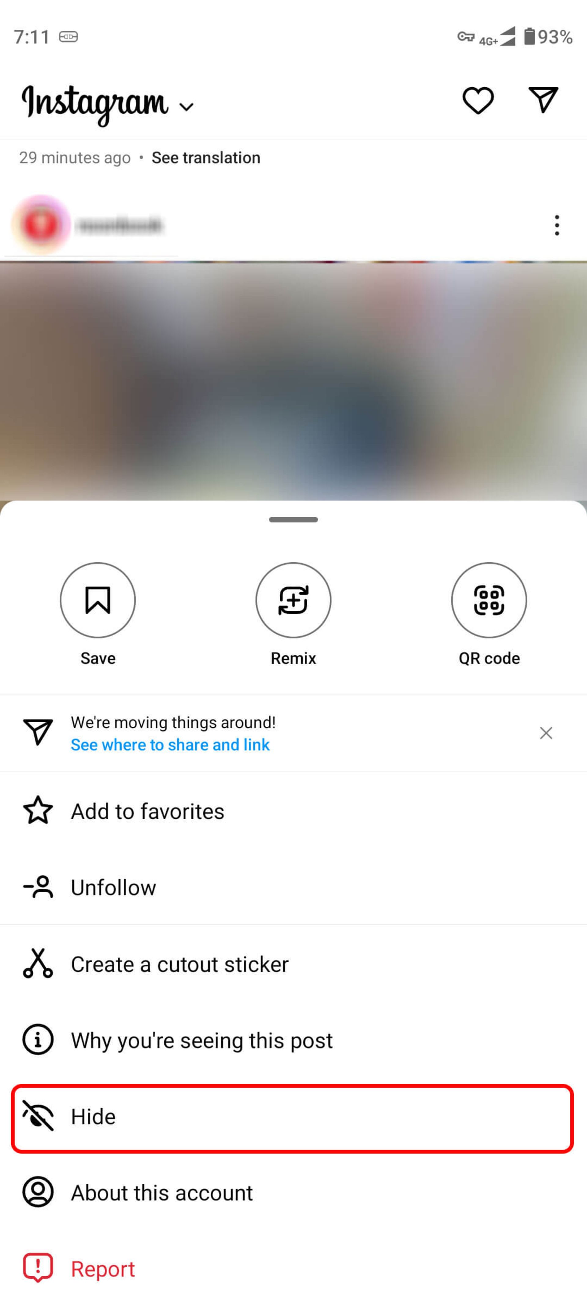 Select Hide to hide the content on the main Instagram feed