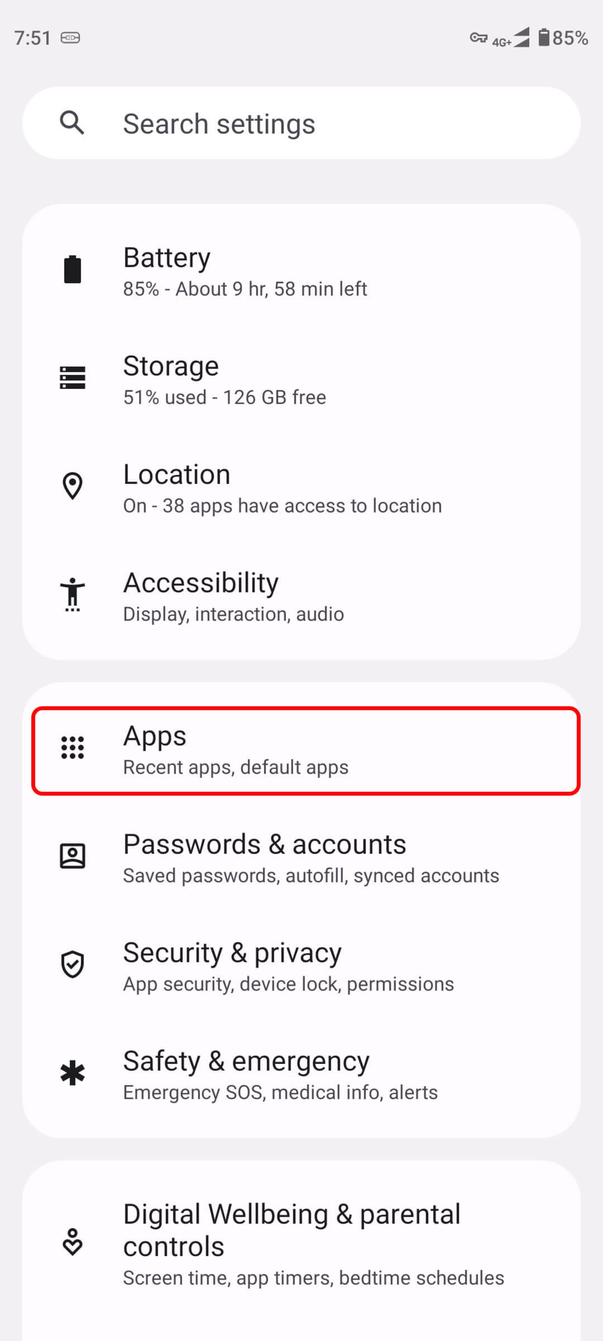 Phone settings and apps selection