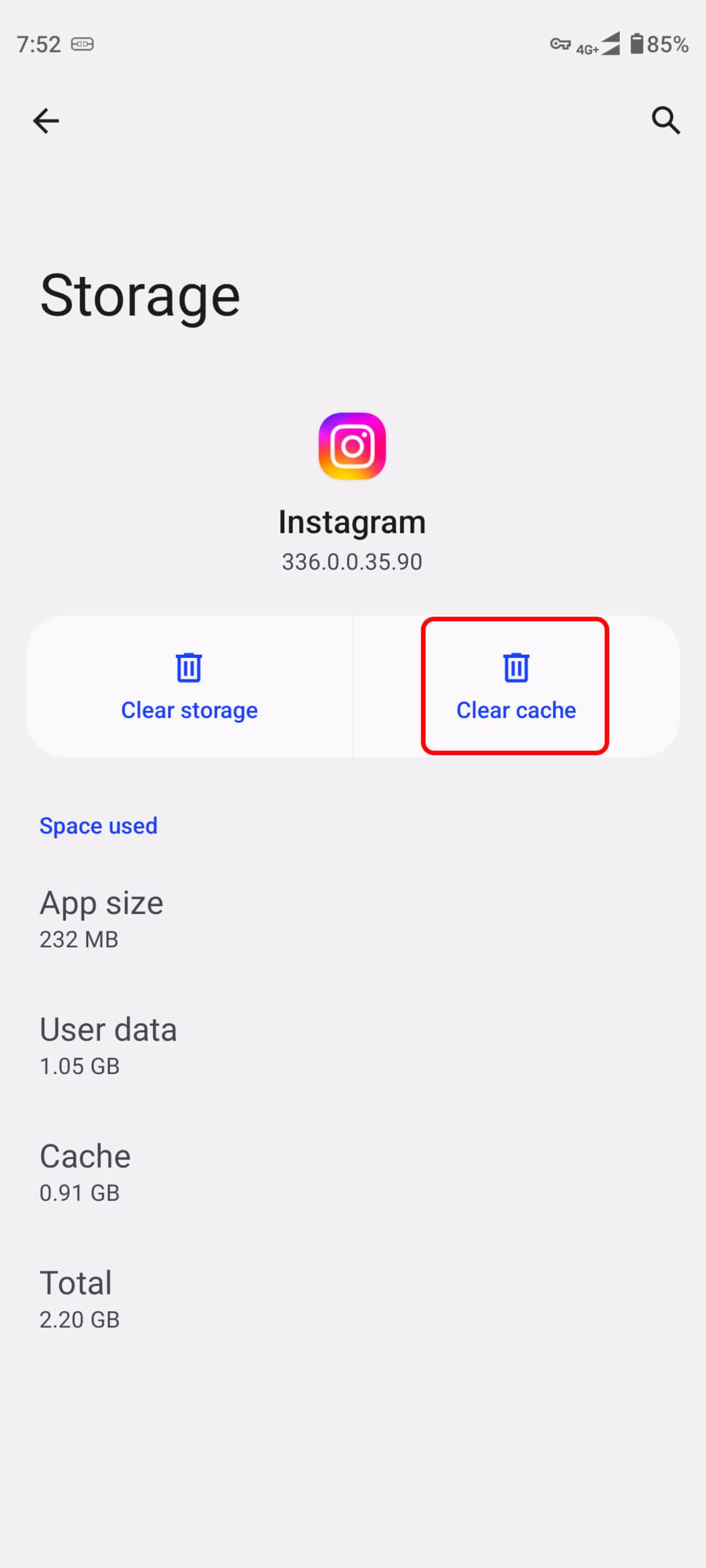 Choose clear cache to clear the Instagram cache