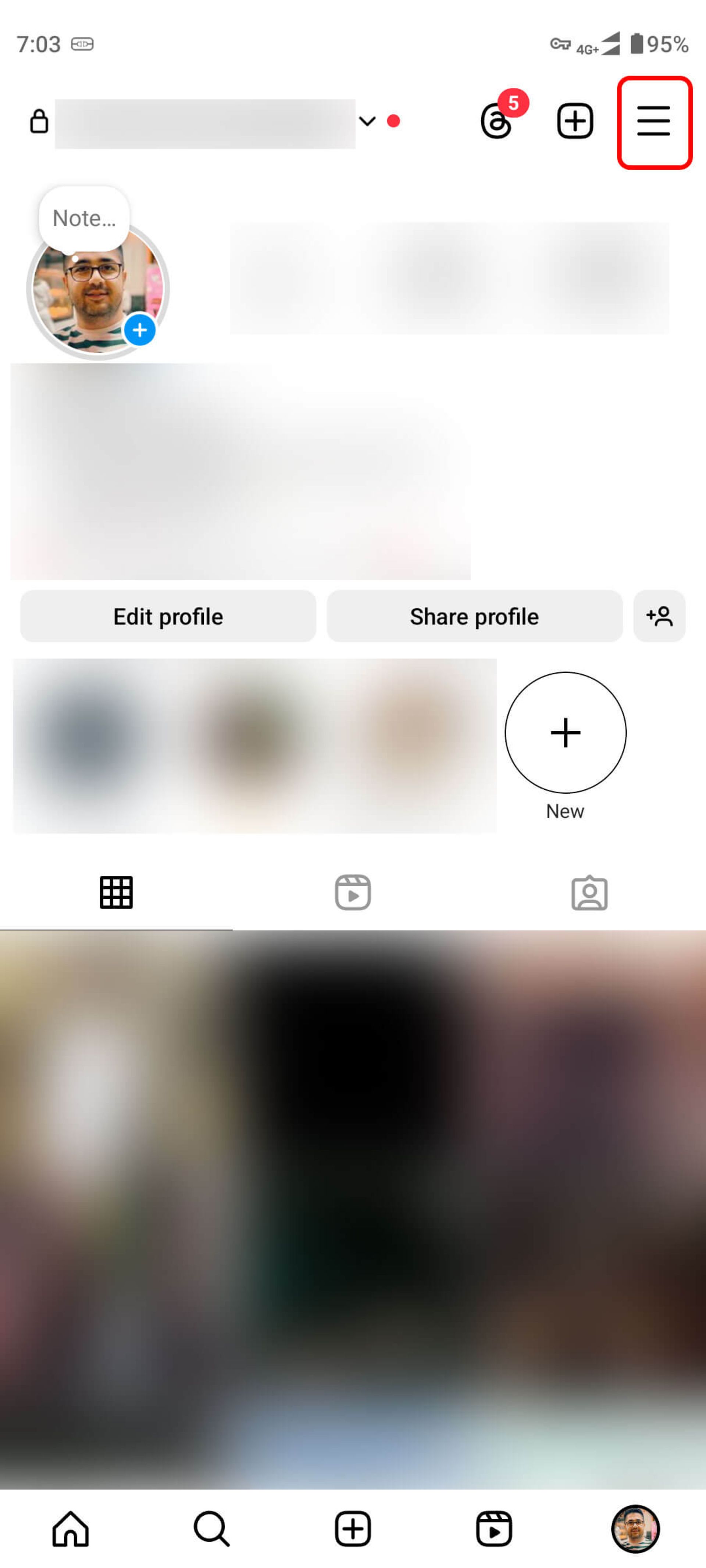 Instagram profile and choosing a hamburger menu