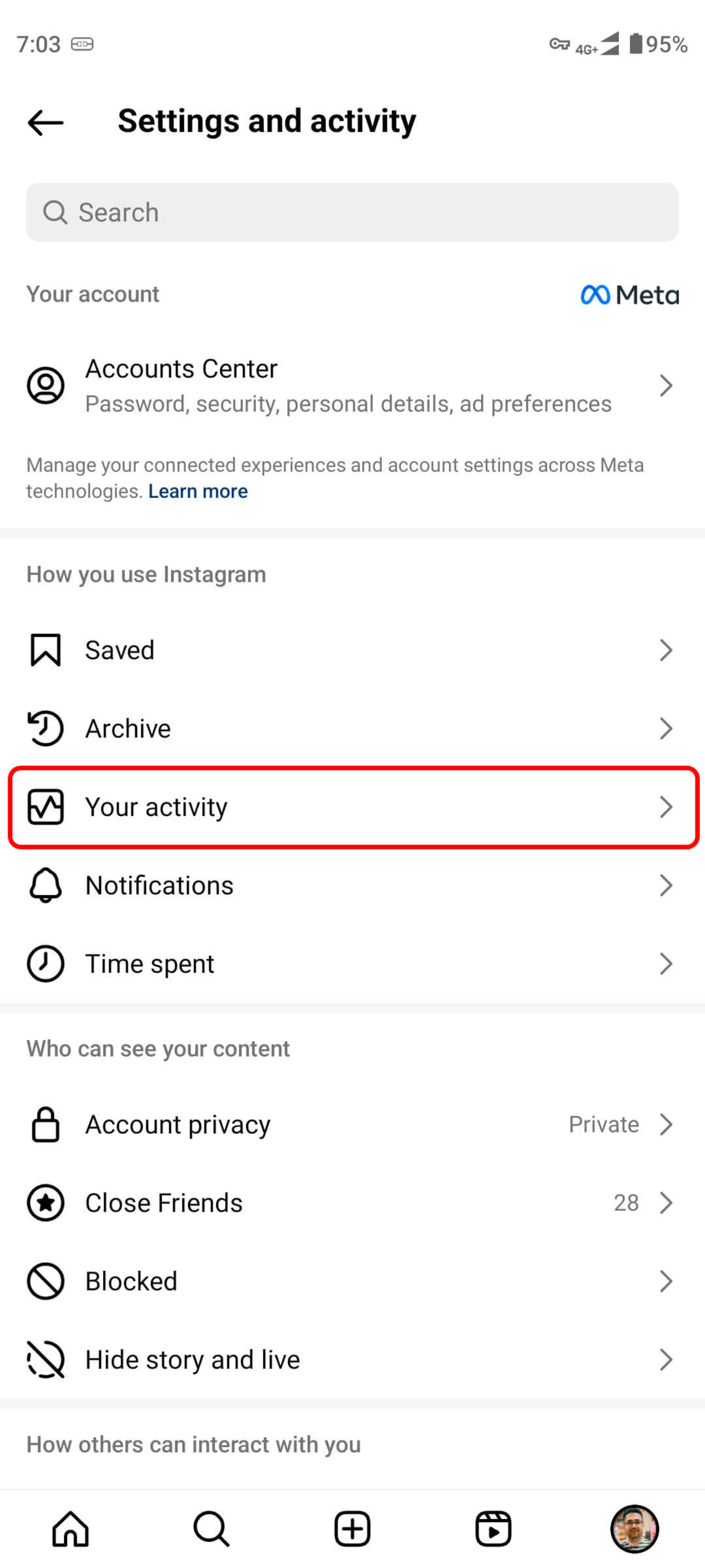 انتخاب گزینه Your activity در تنظیمات اینستاگرام