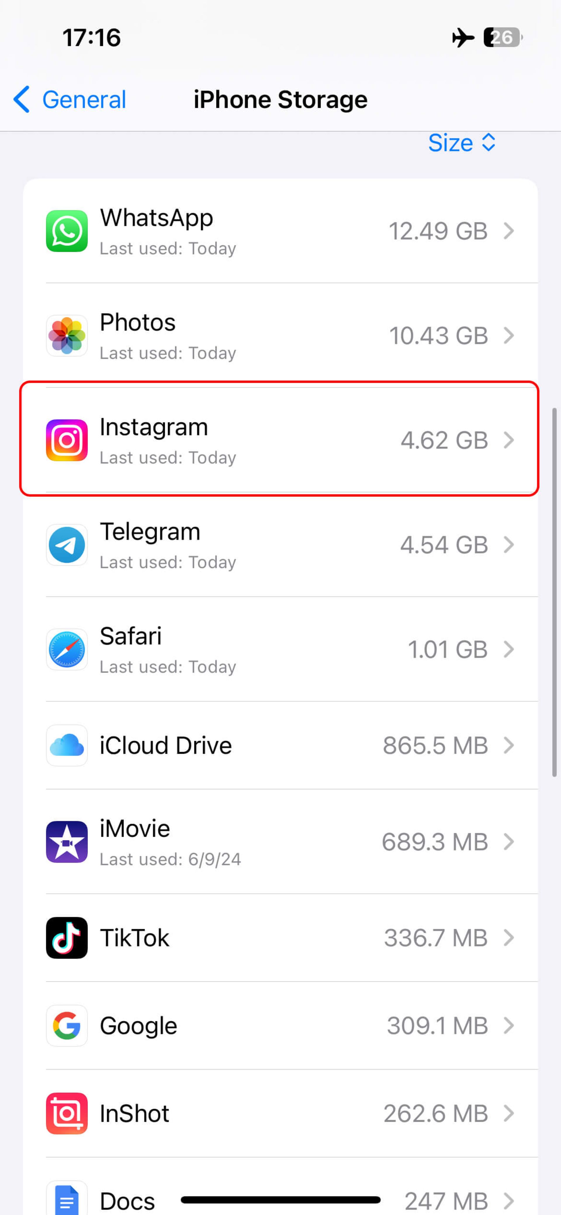 بخش iPhone Storage گوشی آیفون