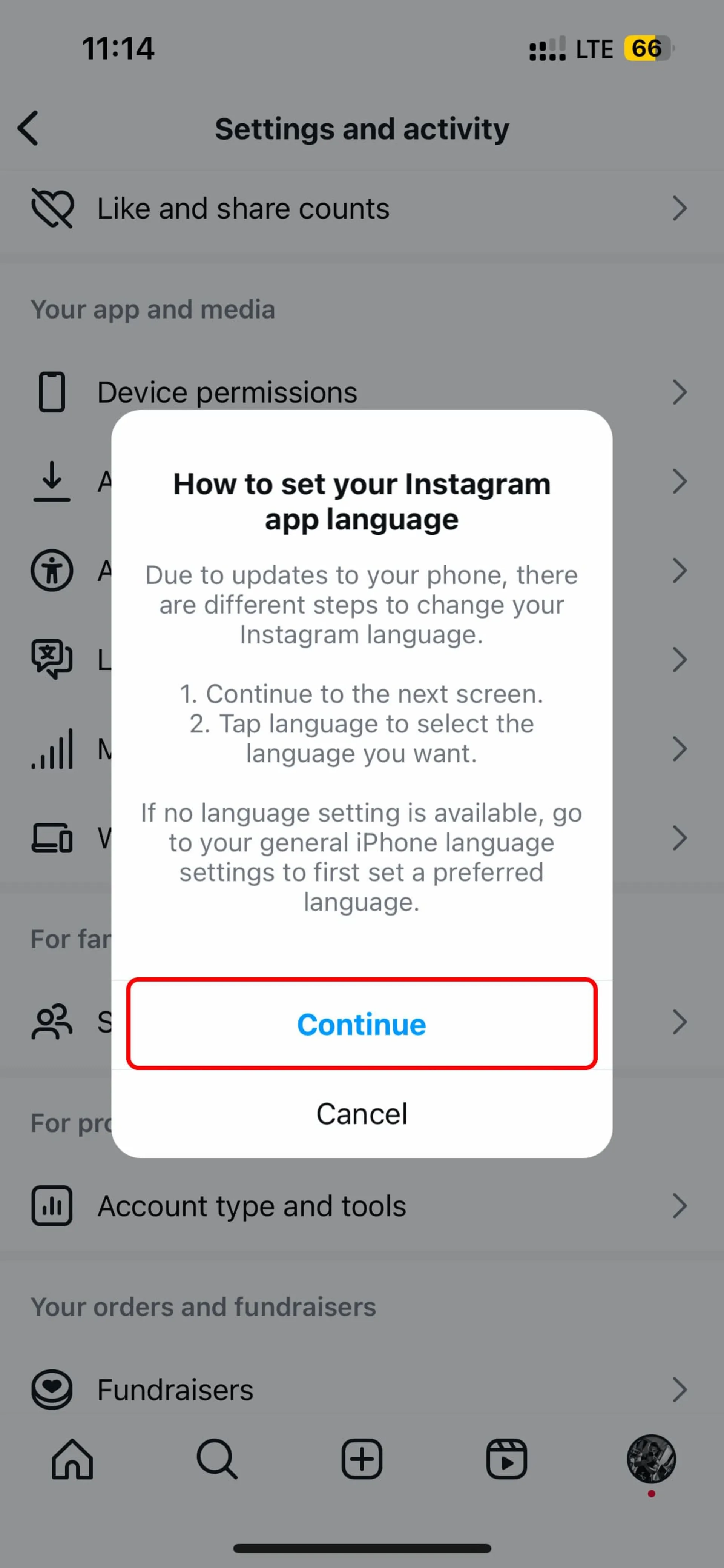 پنجره How to set your Instagram app language اینستاگرام