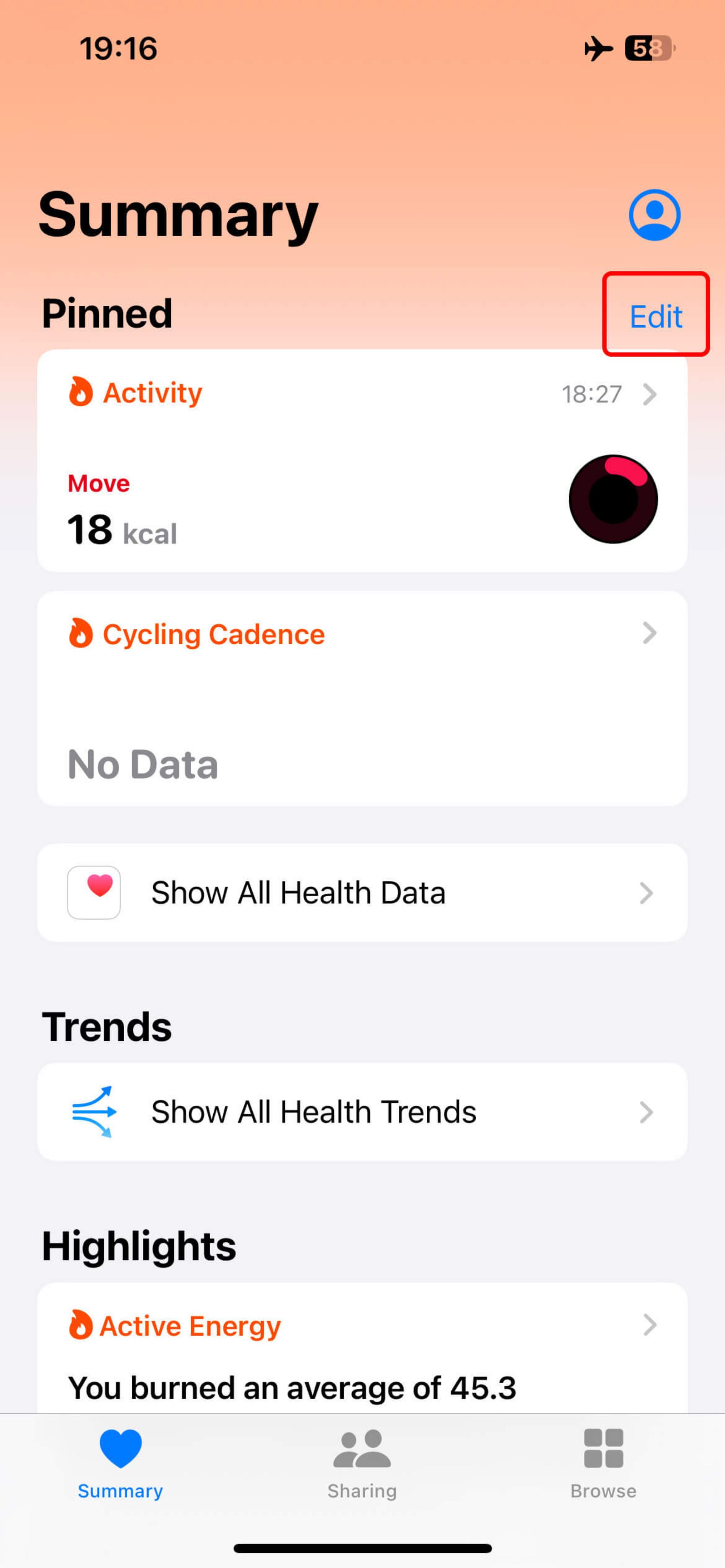 انتخاب گزینه‌‌ Edit در کنار بخش Pinned اپلیکیشن Health