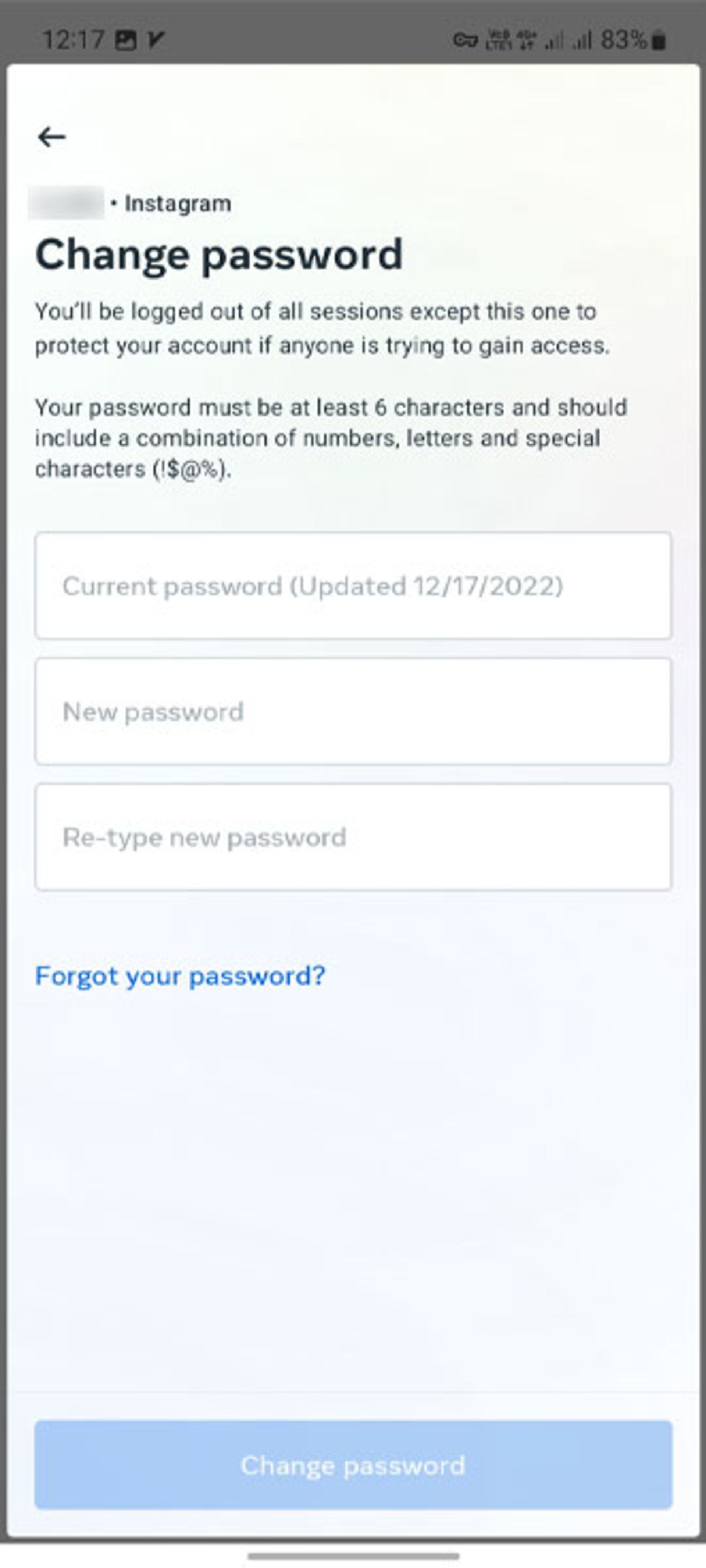 گزینه‌ی Change Password اینستاگرام