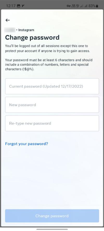 Instagram Change Password option