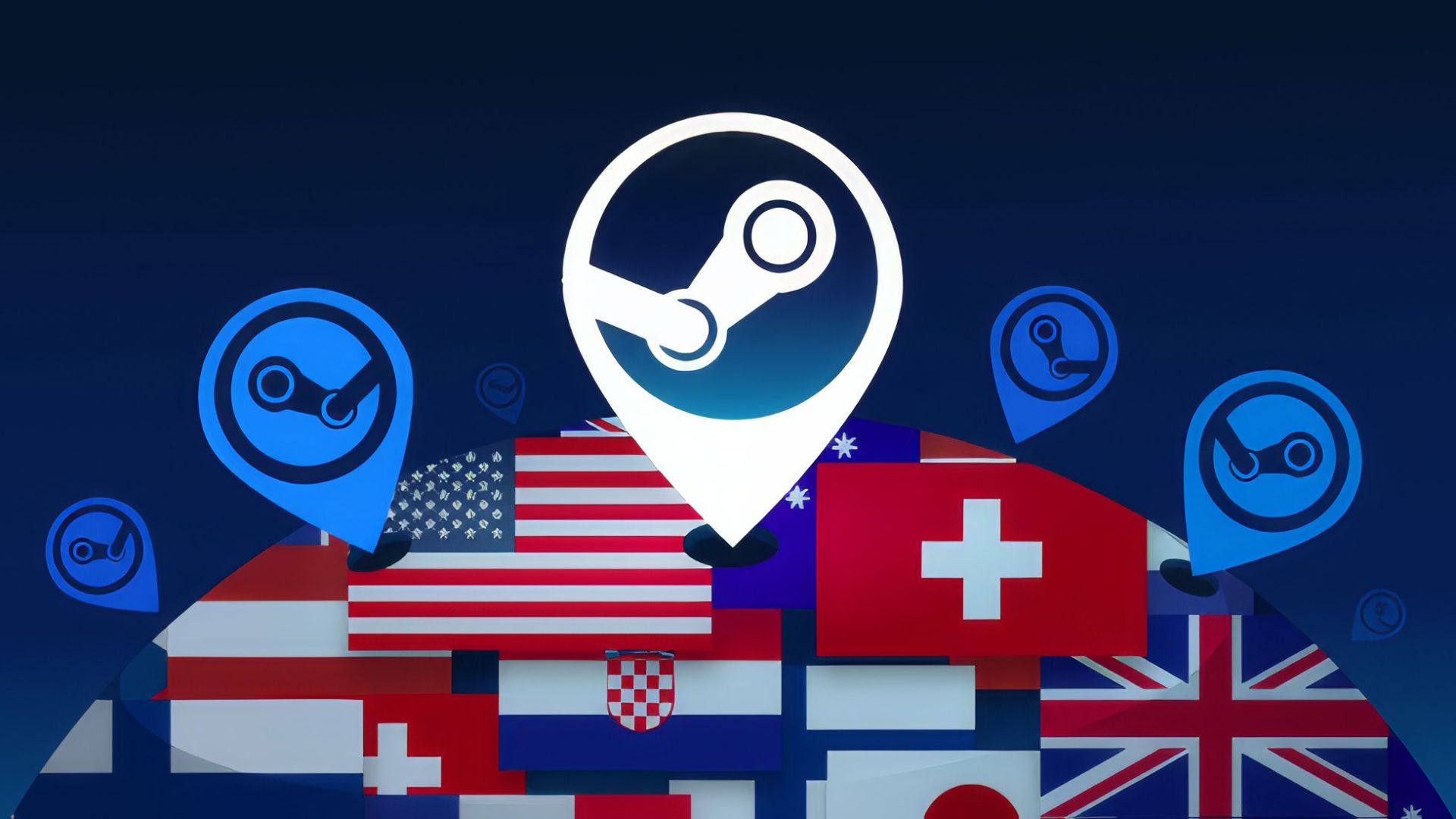 Steam logo next to the flags of several countries