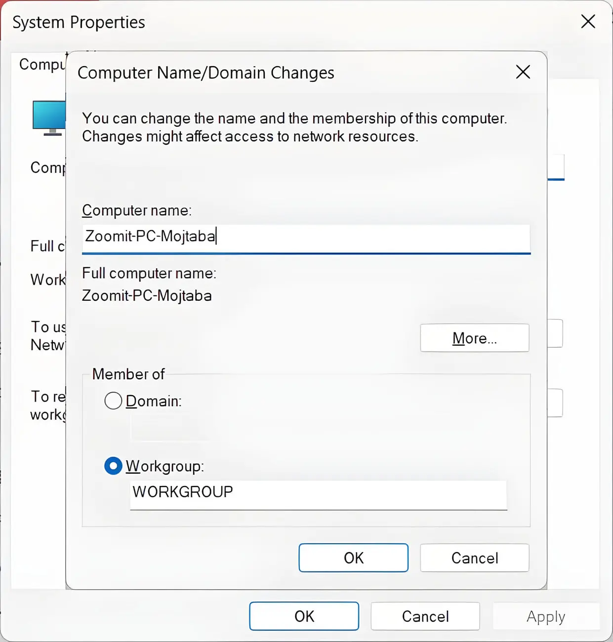 پنجره تنظیمات Computer Name/Domain Changes در سیستم‌عامل ویندوز