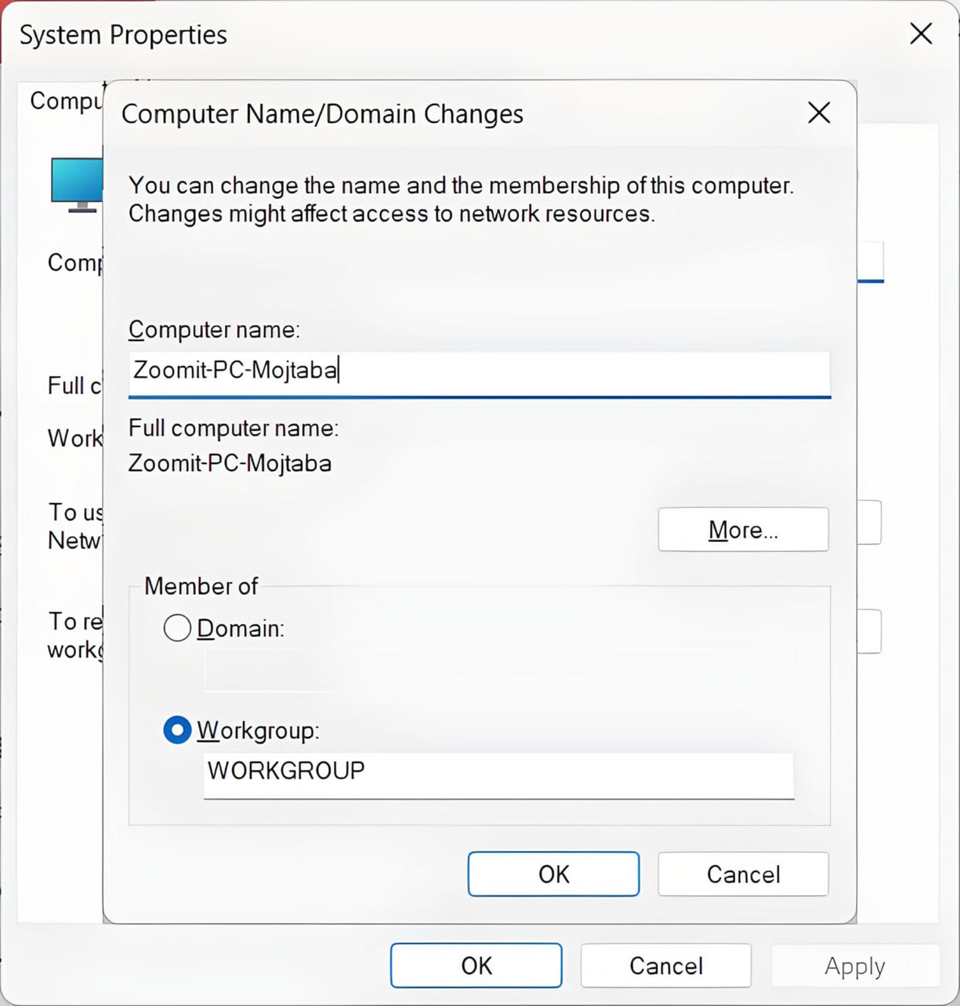 پنجره تنظیمات Computer Name/Domain Changes در سیستمعامل ویندوز